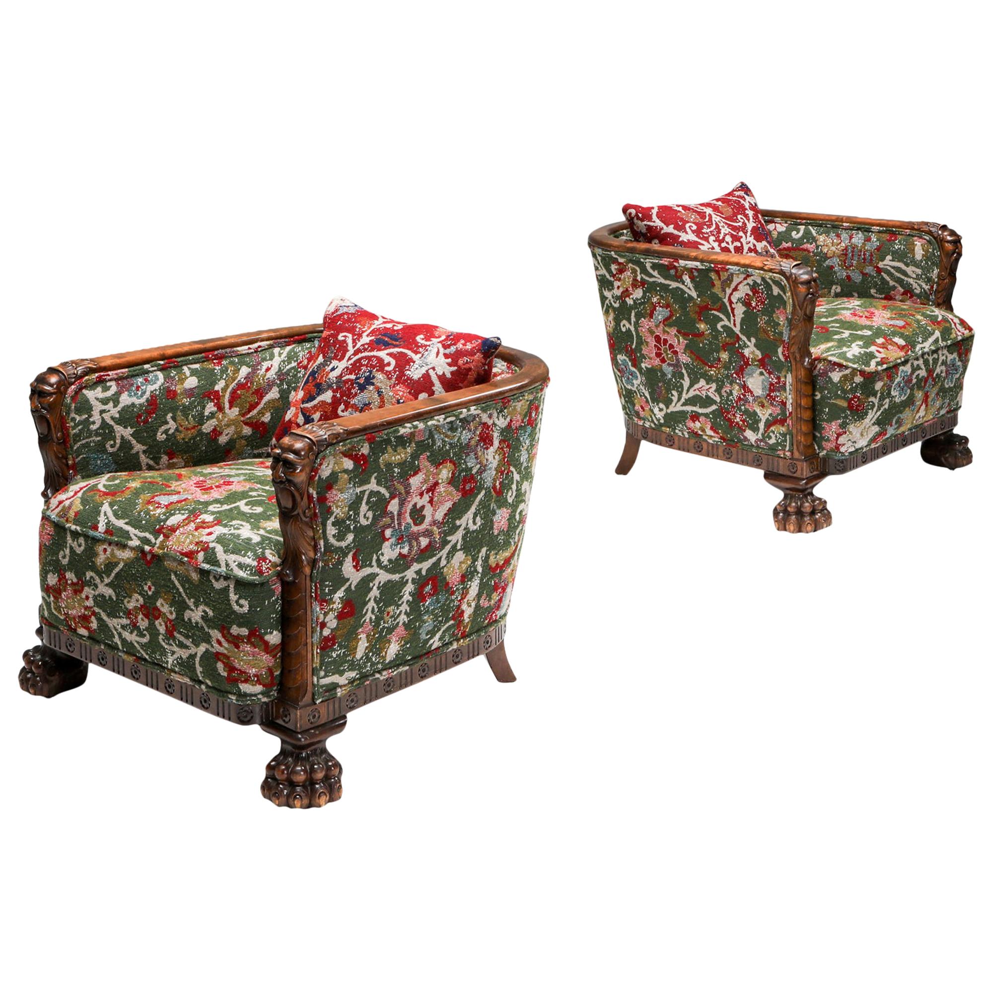 Chippendale Style Armchairs with Claw Feet and Pierre Frey Jacquard For Sale