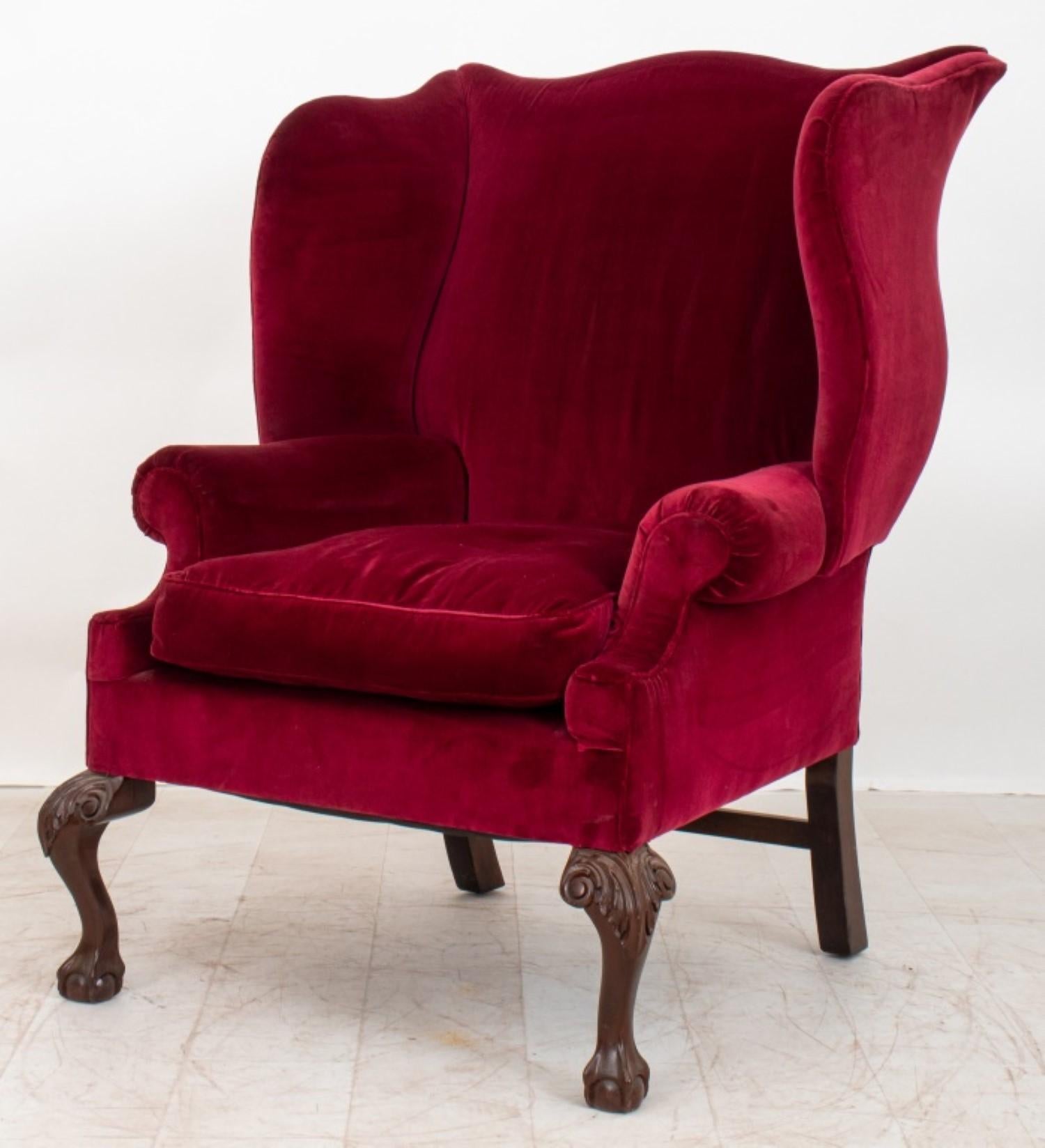 Velvet Chippendale Style Back Wing Chair For Sale