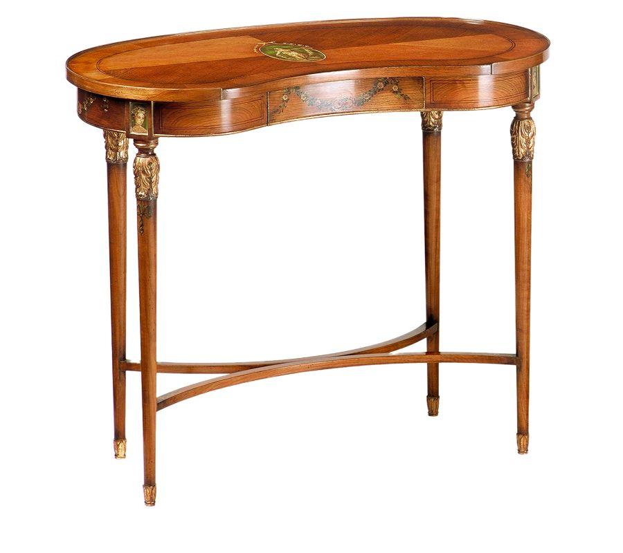 Seductive and playful in its bean-like shape, this cherry writing desk is a superb reproduction of a Chippendale original from 1750-1779. The sides, legs, and stunning inlaid top showcase fine hand-painted motives that symbolize the four seasons.