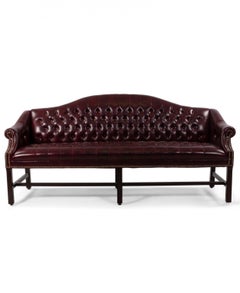 Chippendale Style Burgundy Leather Camelback Button Tufted Sofa