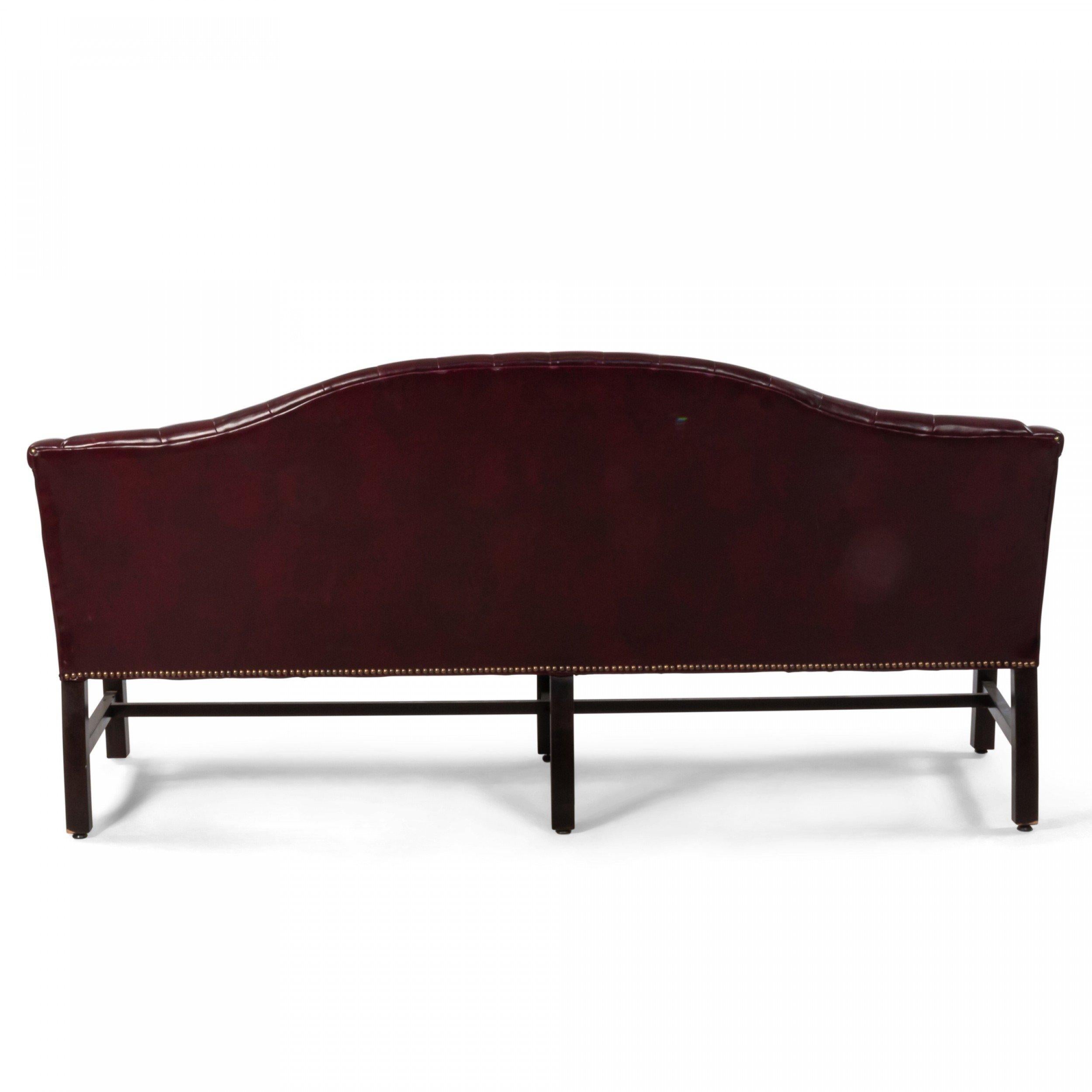 English Chippendale Style Burgundy Leather Camelback Button Tufted Sofa For Sale