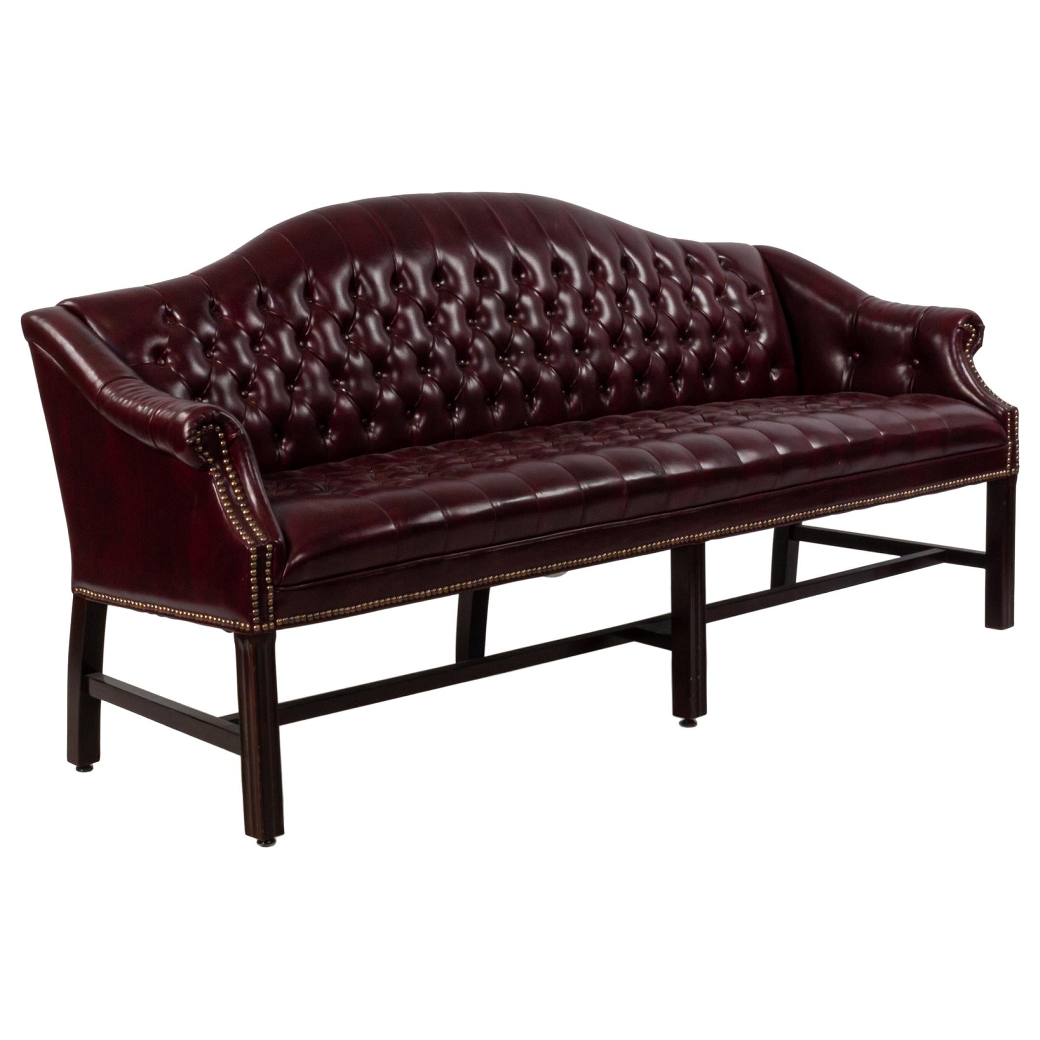 Chippendale Style Burgundy Leather Camelback Button Tufted Sofa