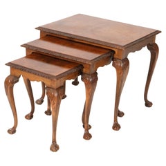 Antique Chippendale Style Burl Walnut Nesting Tables, 1920s