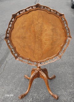 Chippendale Style Burl Walnut Pierced Gallery Piecrust Tilt Top Tea Table
