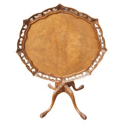 Vintage Chippendale Style Burl Walnut Pierced Gallery Piecrust Tilt Top Tea Table