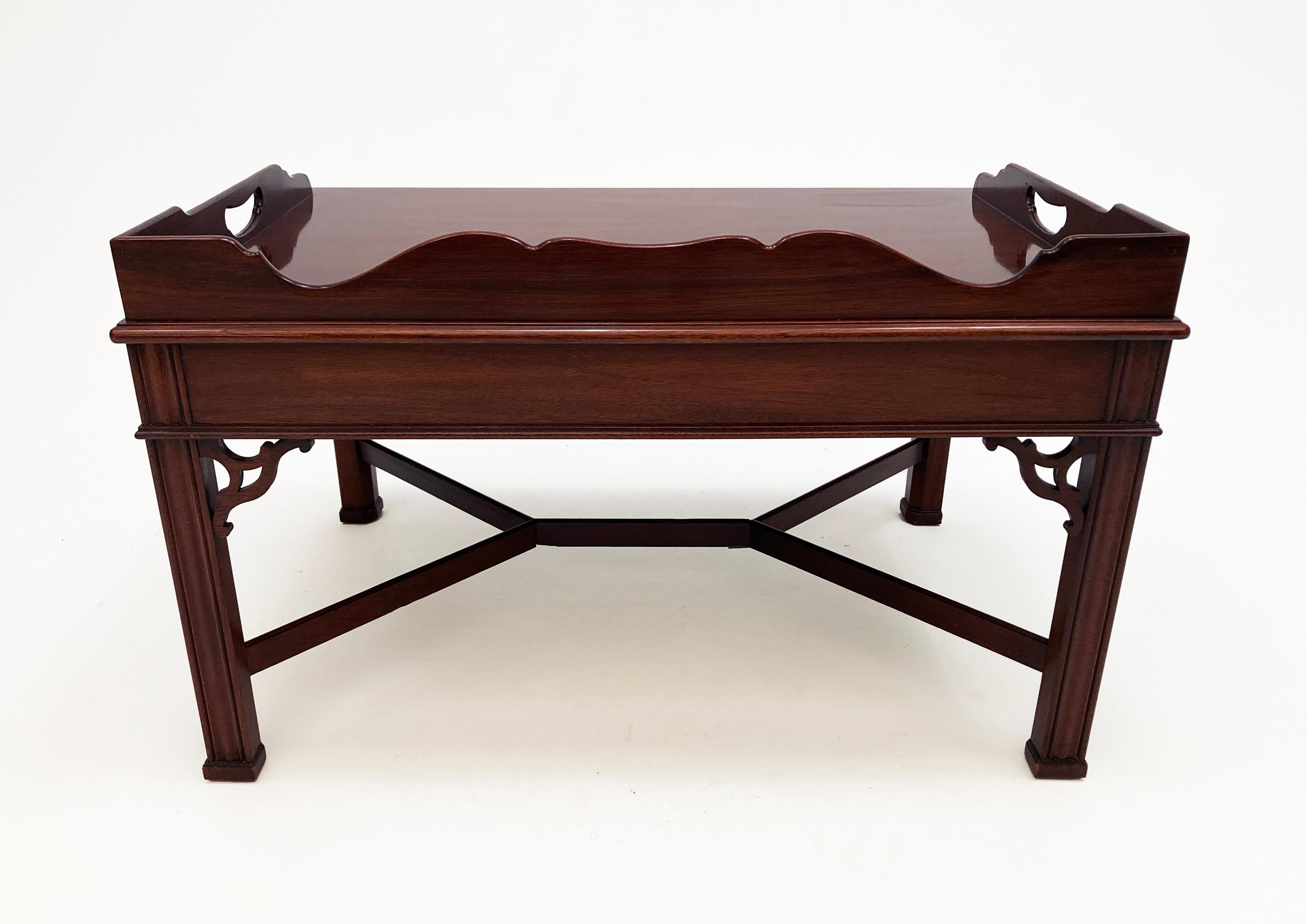 Classically designed for a diverse décor palette, this Councill Craftsman Chippendale Style Butler’s Tray Coffee Table has a beautiful scalloped gallery with butler tray handle openings in dark mahogany finish. The table has canted corners, reeded