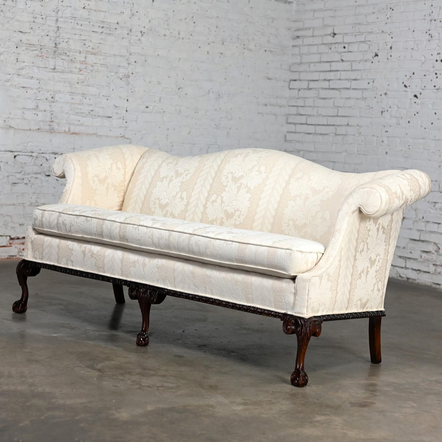 20th Century Chippendale Style Camelback Settee Sofa with Cabriole Legs & Ball & Claw Feet