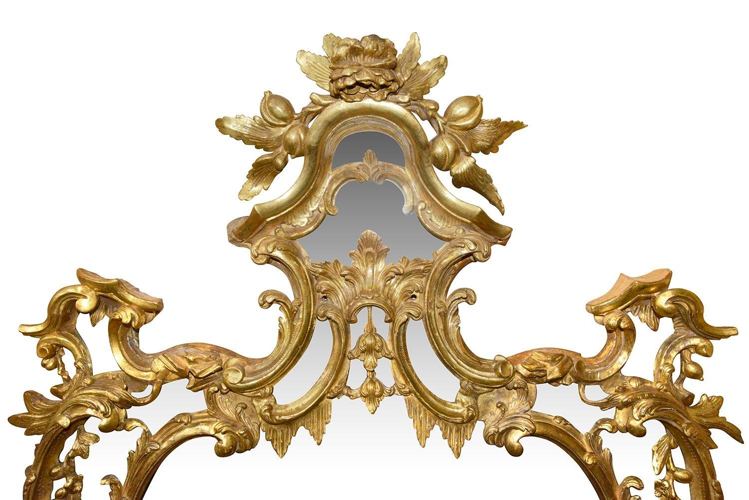 A very impressive fine quality 19th Carved gilt wood Chippendale style Pier glass / over mantle wall mirror. 
Having wonderful carved scrolling foliate, floral and fruit decoration.
 
Batch 74. 62286. DSNYKZ