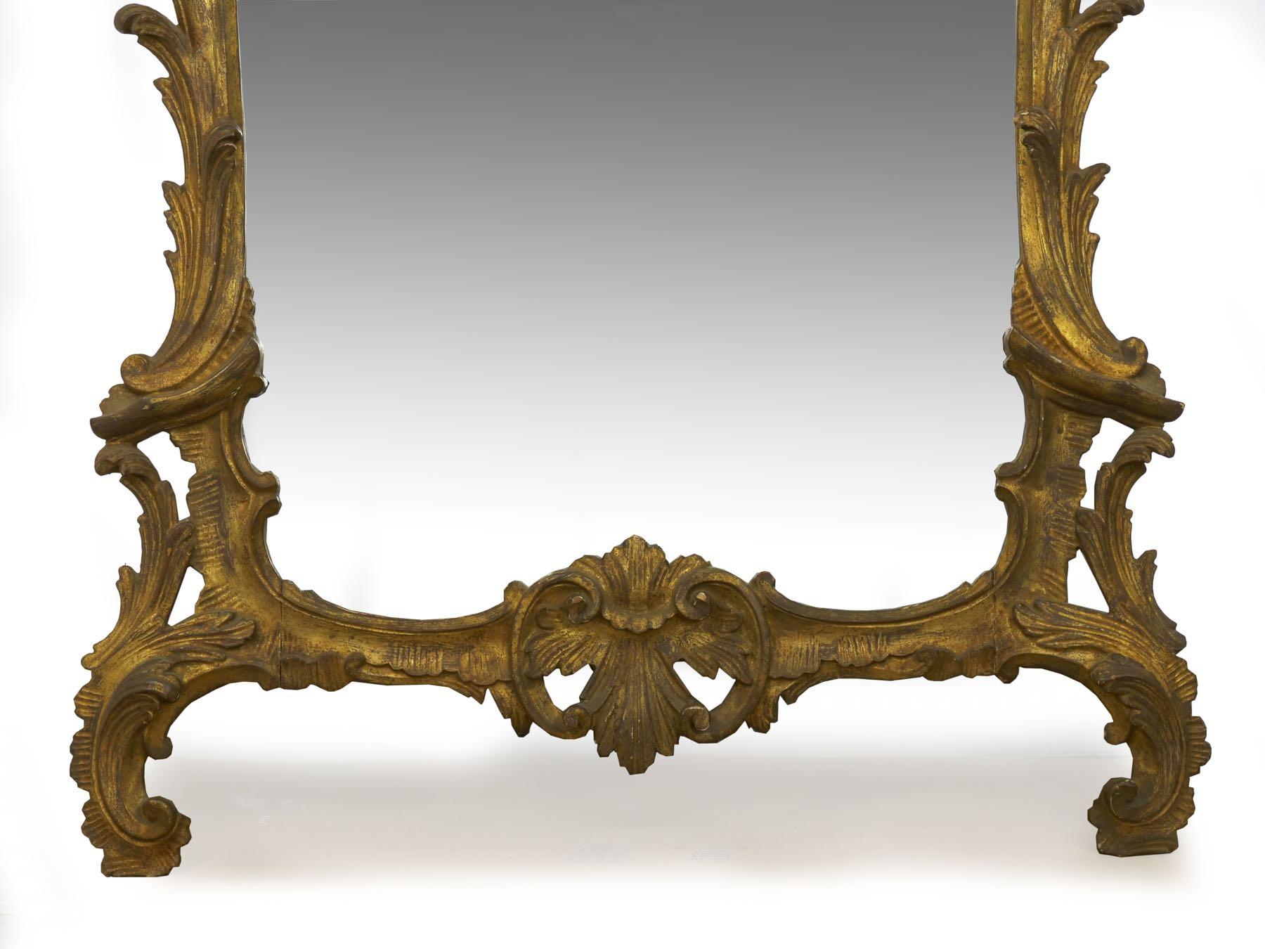 Glass Chippendale Style Carved Giltwood Antique Pier Mirror, 19th Century