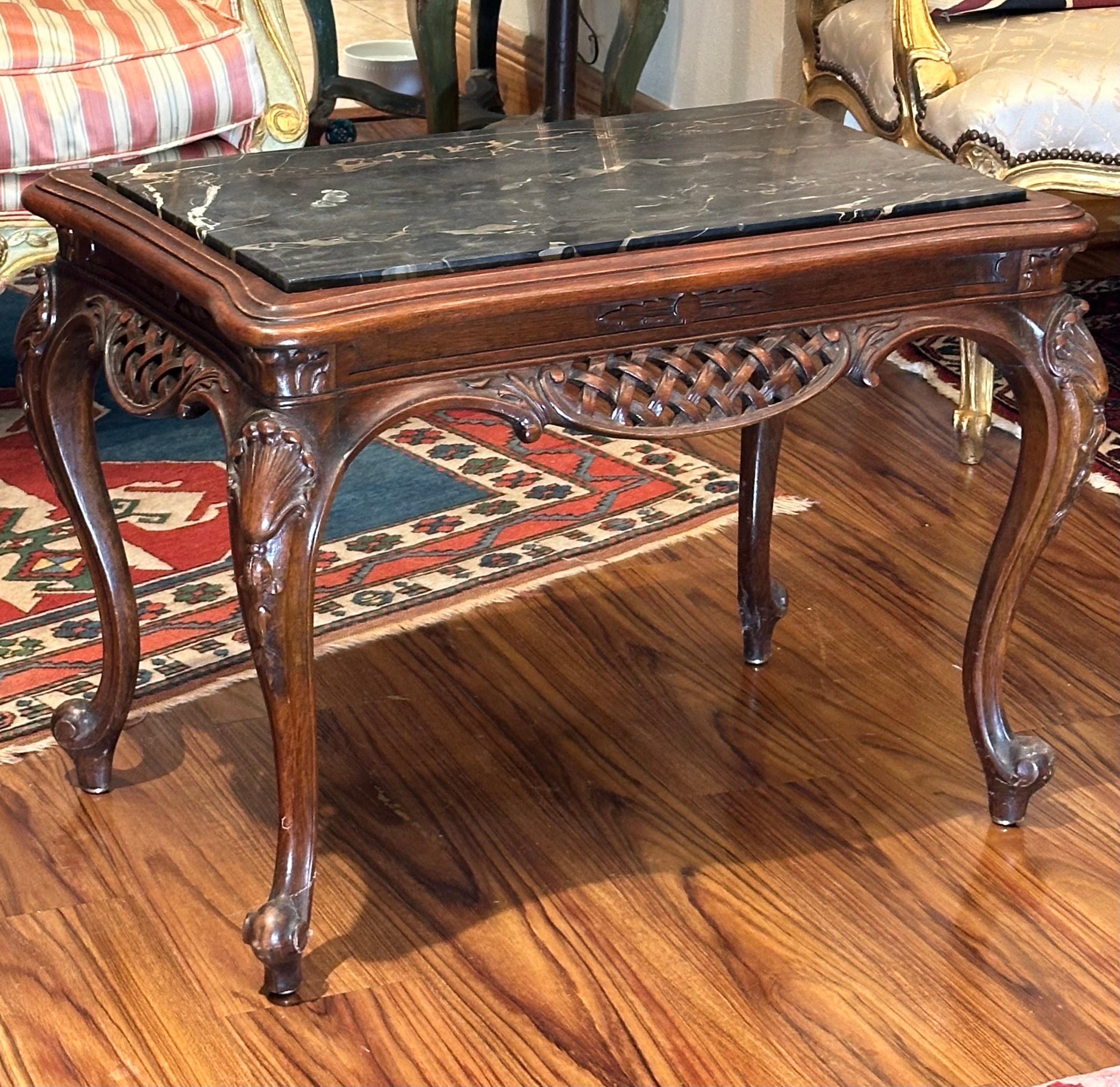 Chippendale Style Carved Mahogany and Marble Top Coffee Table For Sale 4