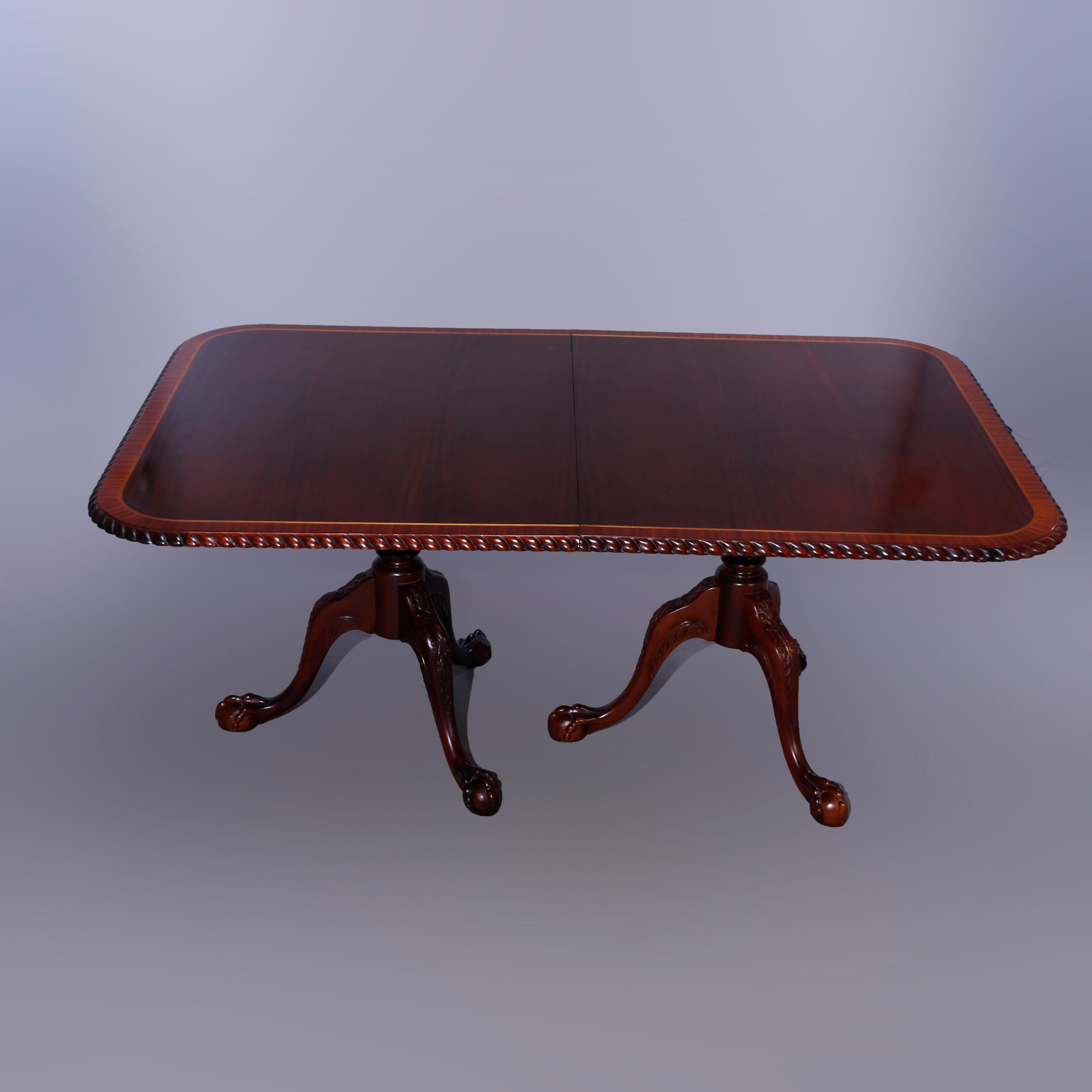 American Chippendale Style Carved Mahogany Double Pedestal Dining Table, 20th C