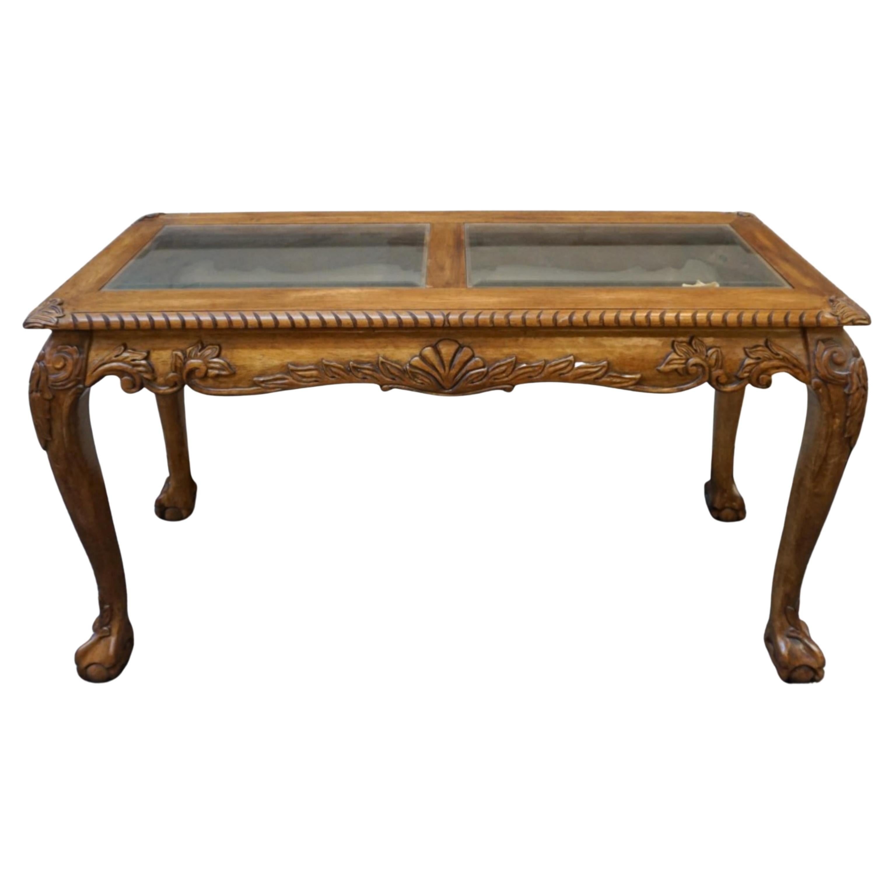 Hand-Crafted Chippendale Style Carved Mahogany Glass Top Console Table w Ball Claw Feet For Sale