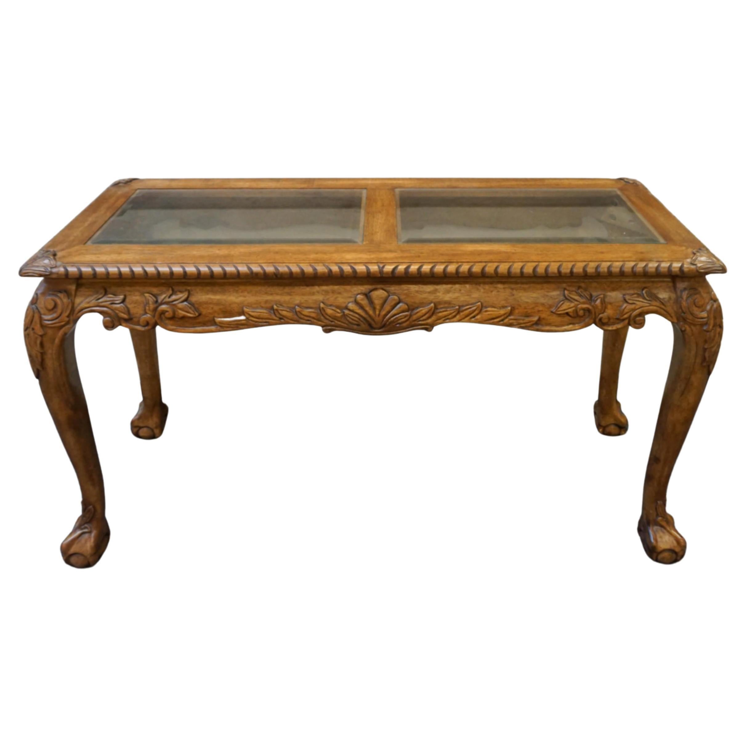 Chippendale Style Carved Mahogany Glass Top Console Table w Ball Claw Feet In Good Condition For Sale In Germantown, MD