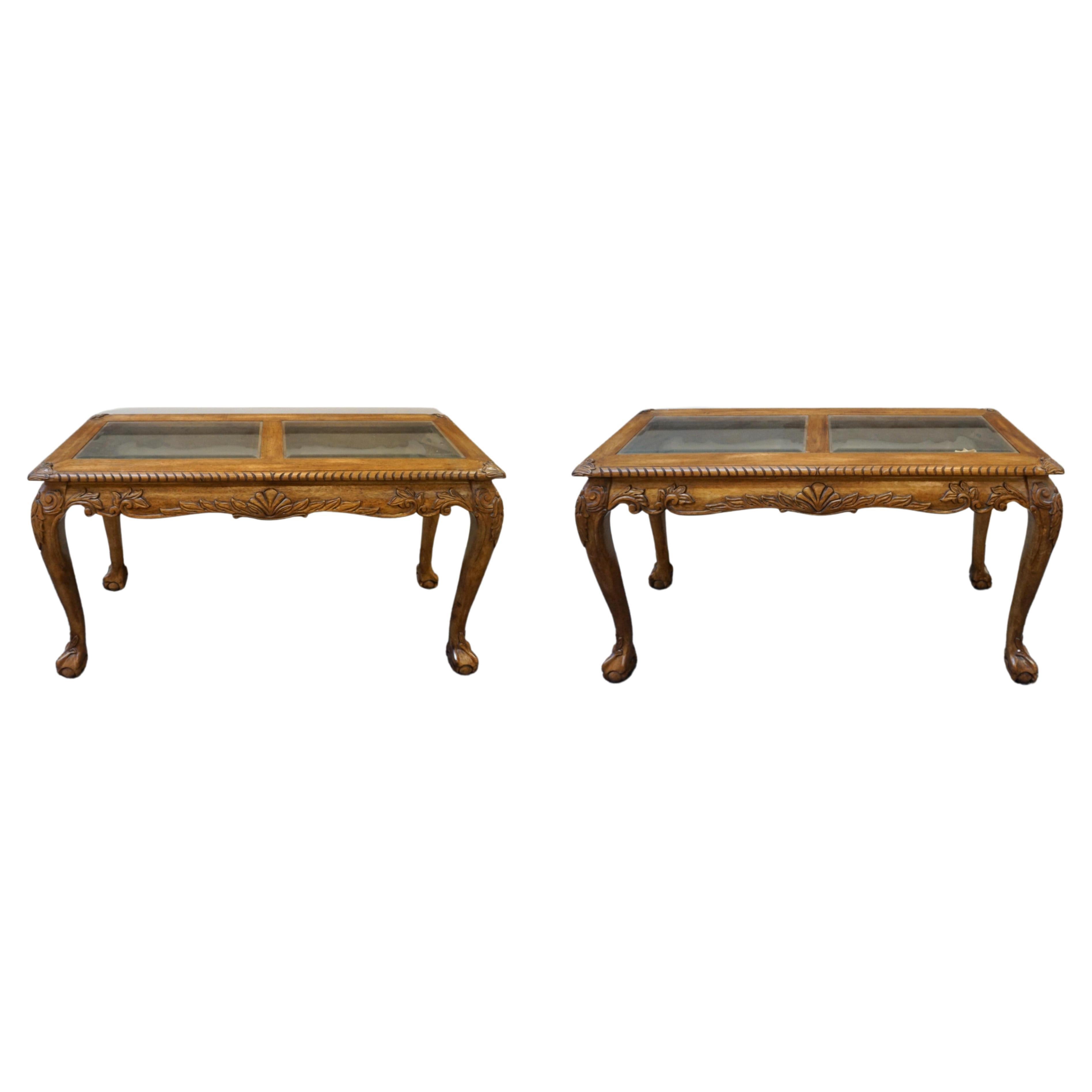 Chippendale Style Carved Mahogany Glass Top Console Table w Ball Claw Feet