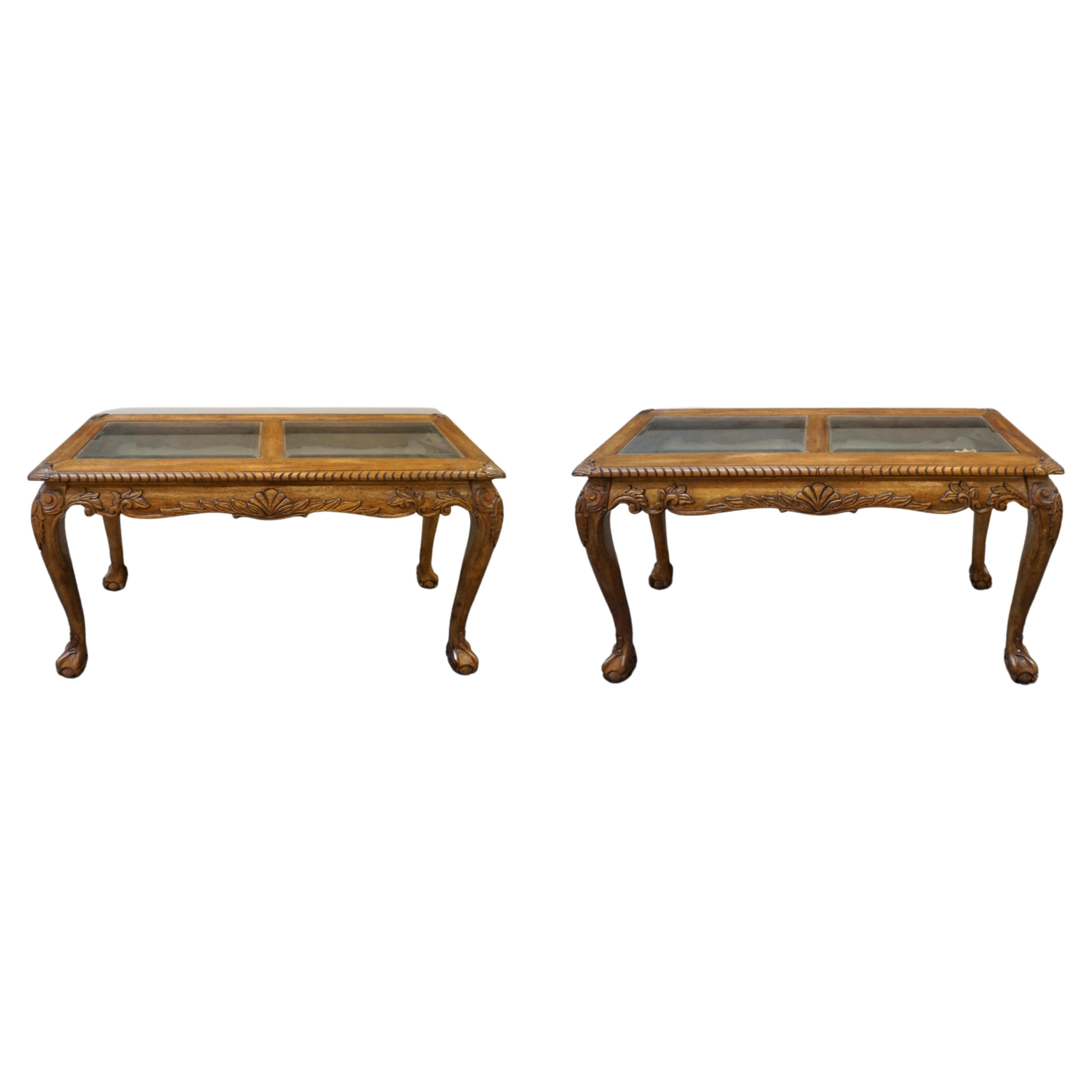 American Chippendale Style Carved Mahogany Glass Top Console Table w Ball Claw Feet For Sale