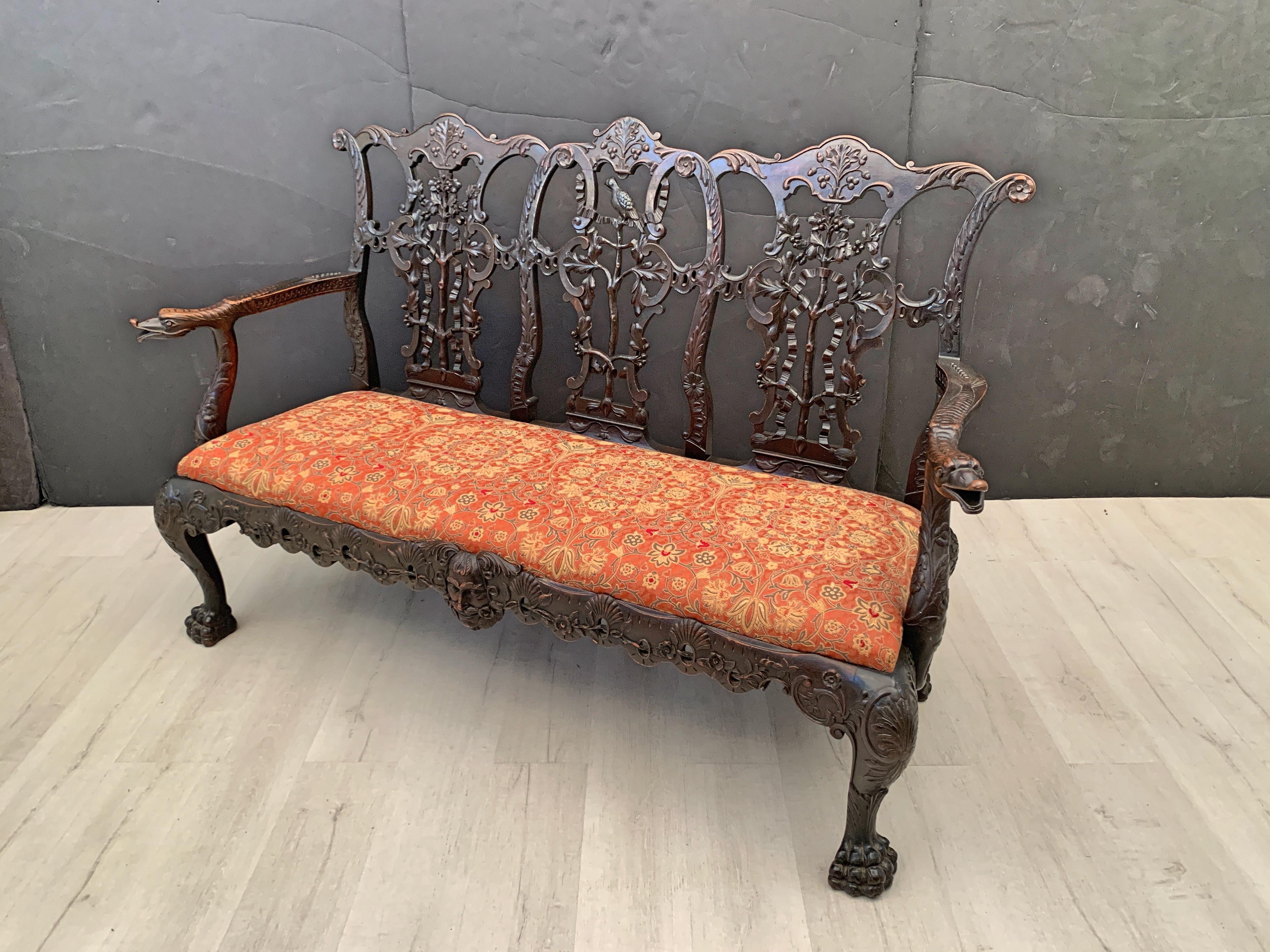 Chippendale Style Carved Mahogany Triple Back Settee, 19th Century, England 11