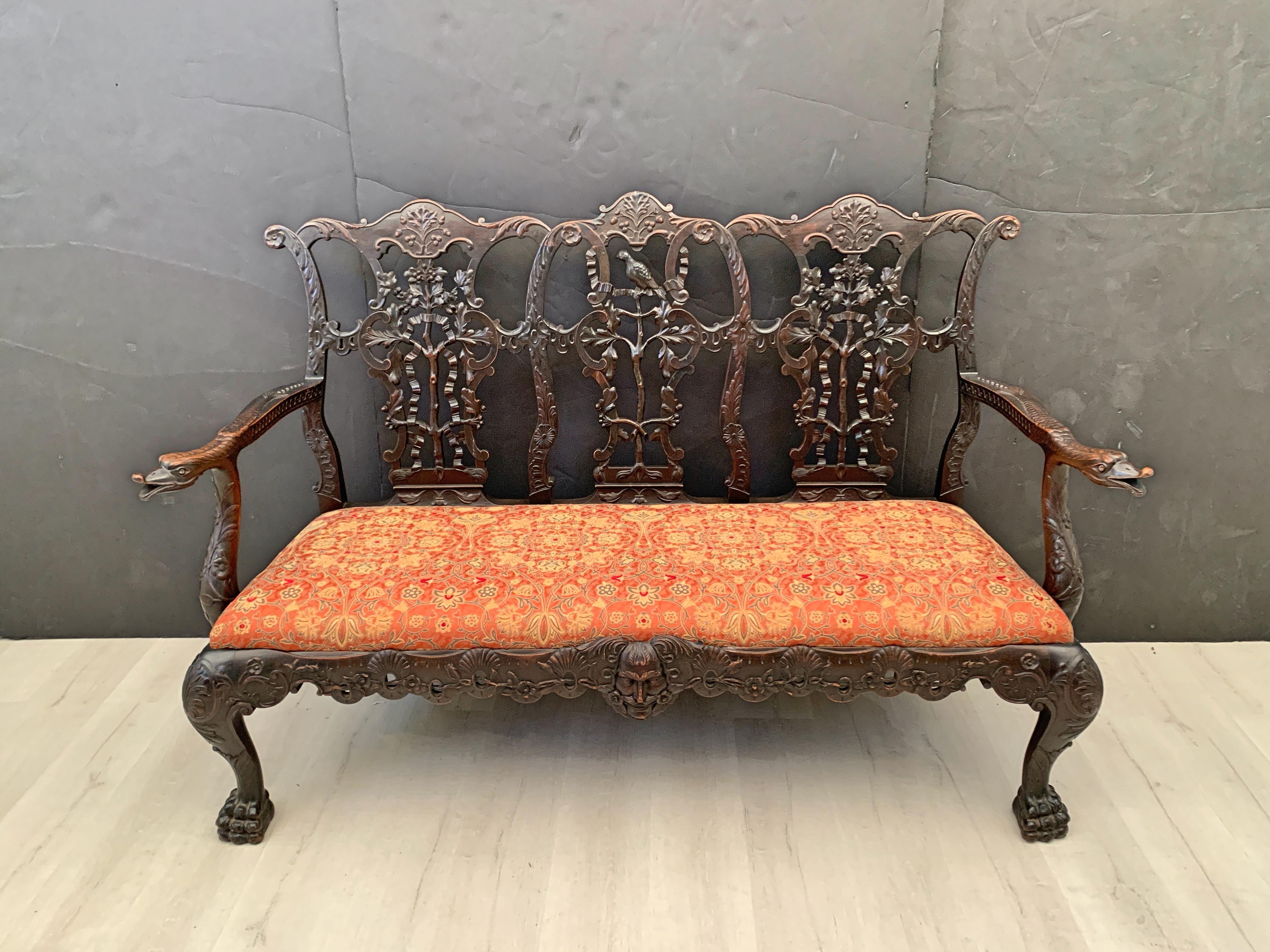Chippendale Style Carved Mahogany Triple Back Settee, 19th Century, England 12