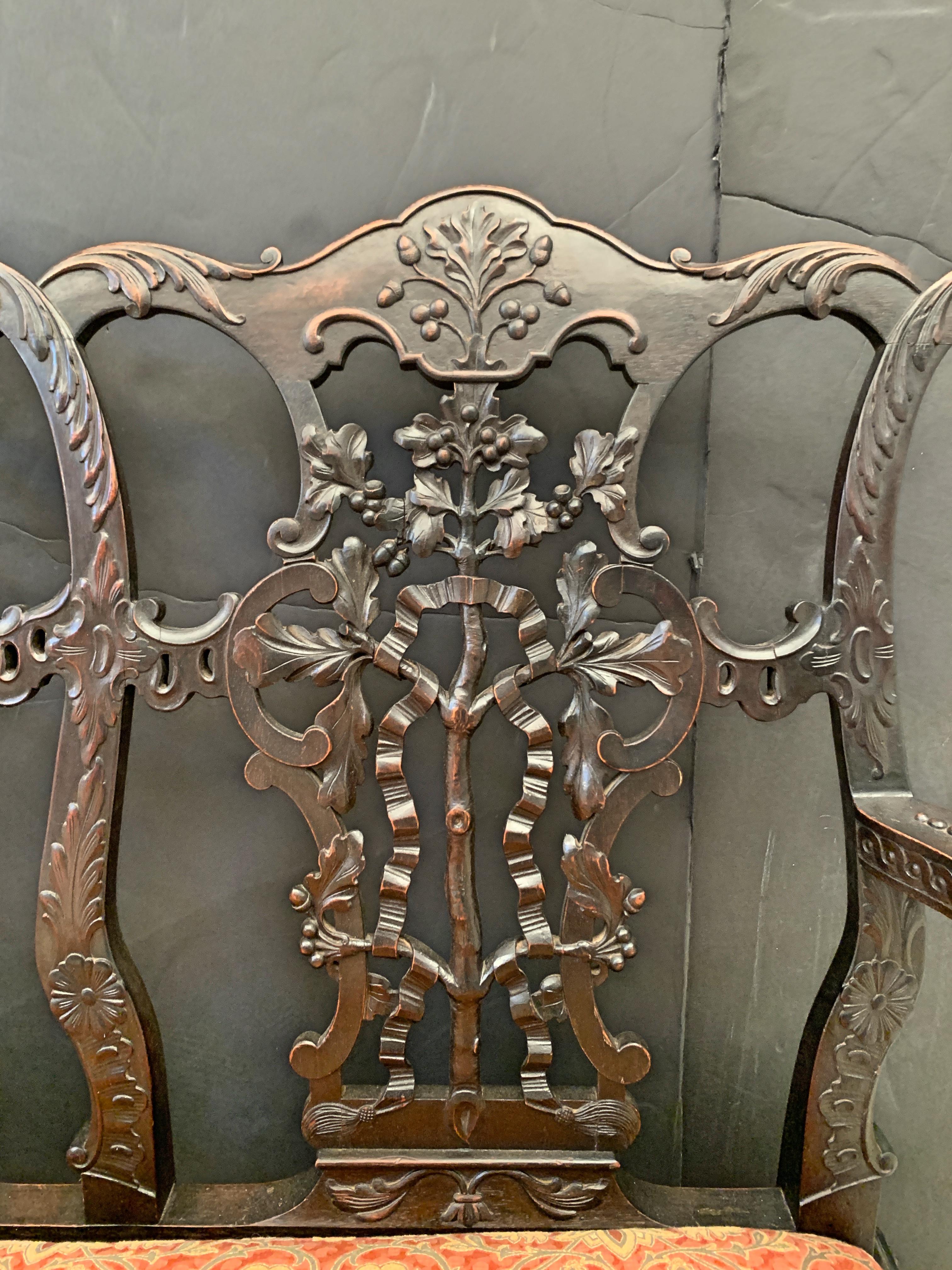 Hand-Carved Chippendale Style Carved Mahogany Triple Back Settee, 19th Century, England
