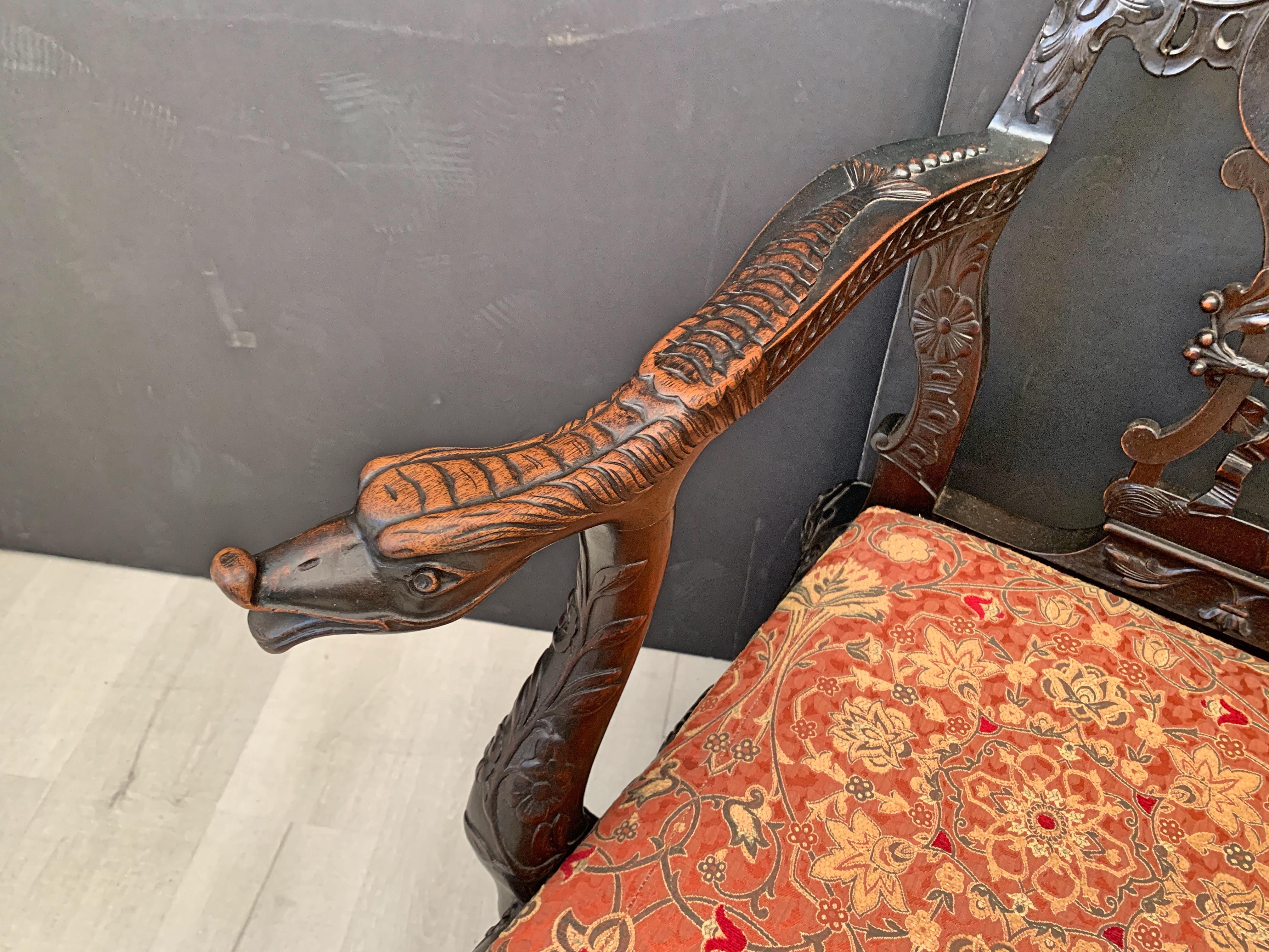 Chippendale Style Carved Mahogany Triple Back Settee, 19th Century, England 1