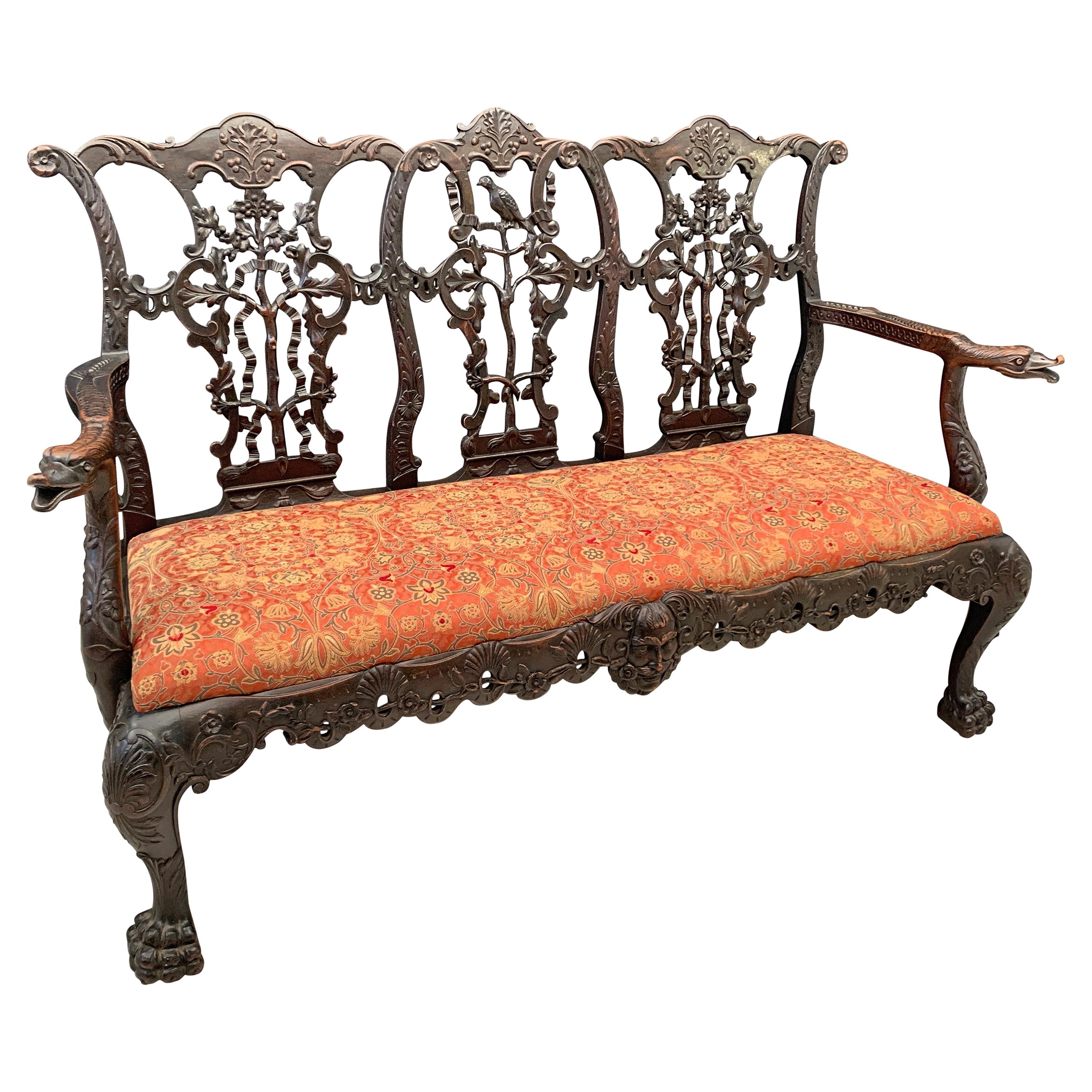 Chippendale Style Carved Mahogany Triple Back Settee, 19th Century, England