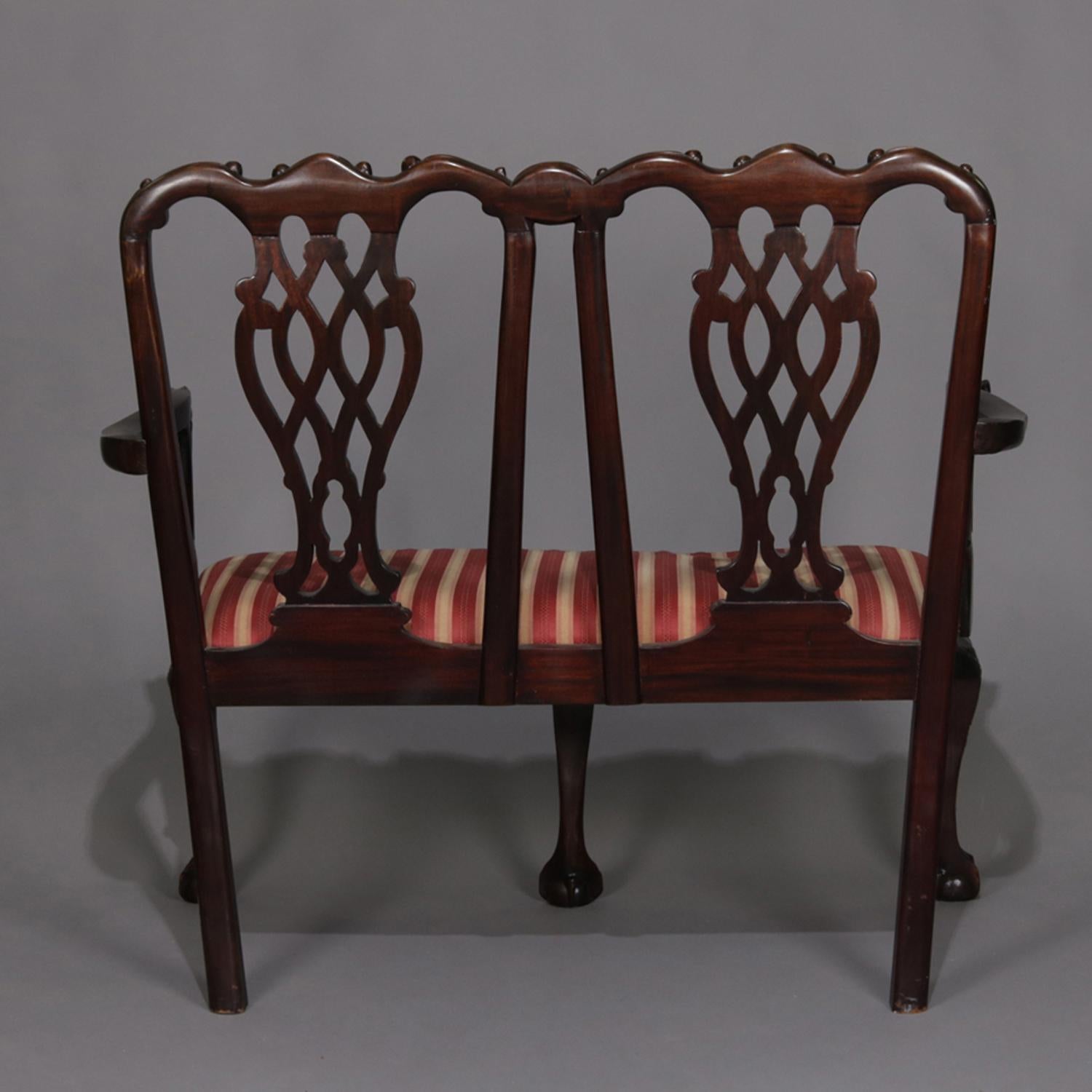 Chippendale Style Carved Mahogany Upholstered Double Chair Settee, 20th Century In Good Condition In Big Flats, NY