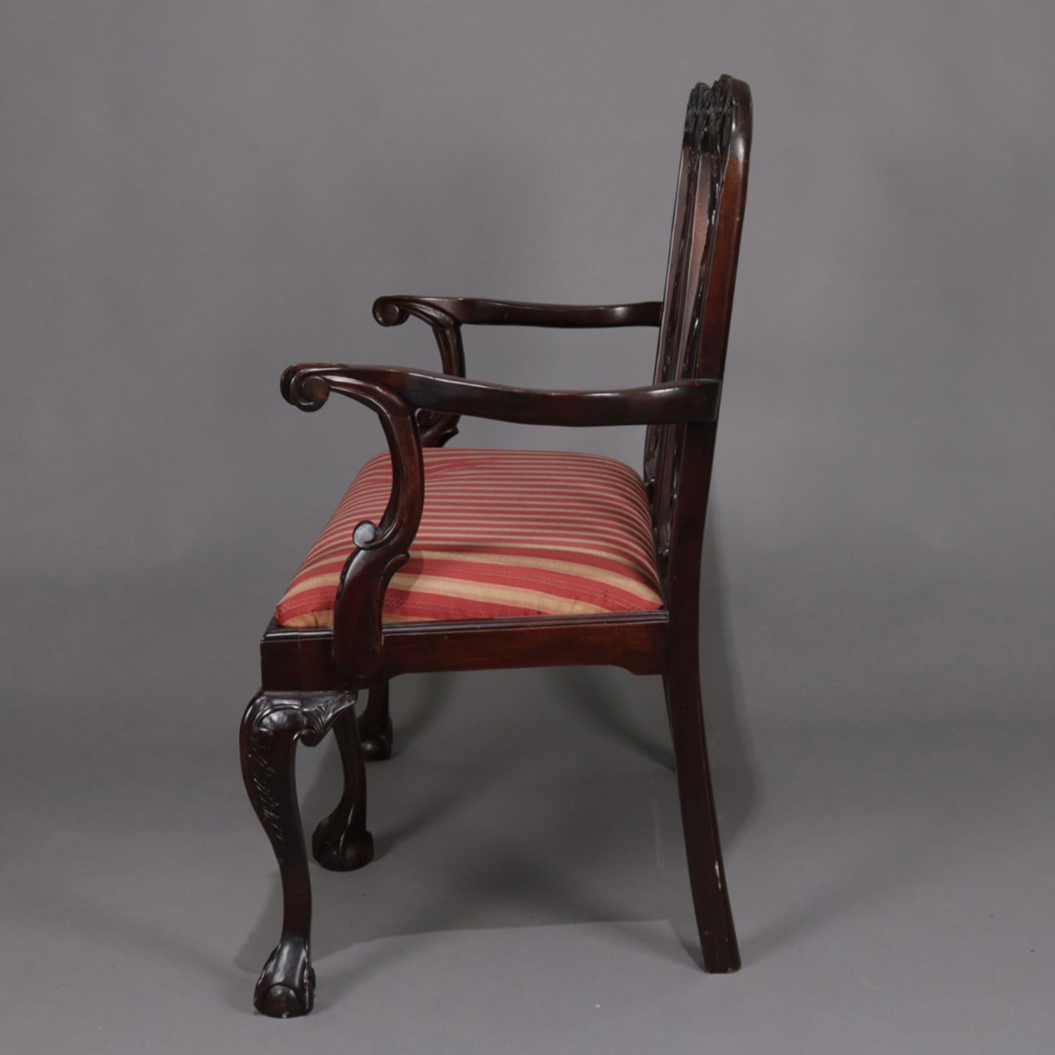 Upholstery Chippendale Style Carved Mahogany Upholstered Double Chair Settee, 20th Century