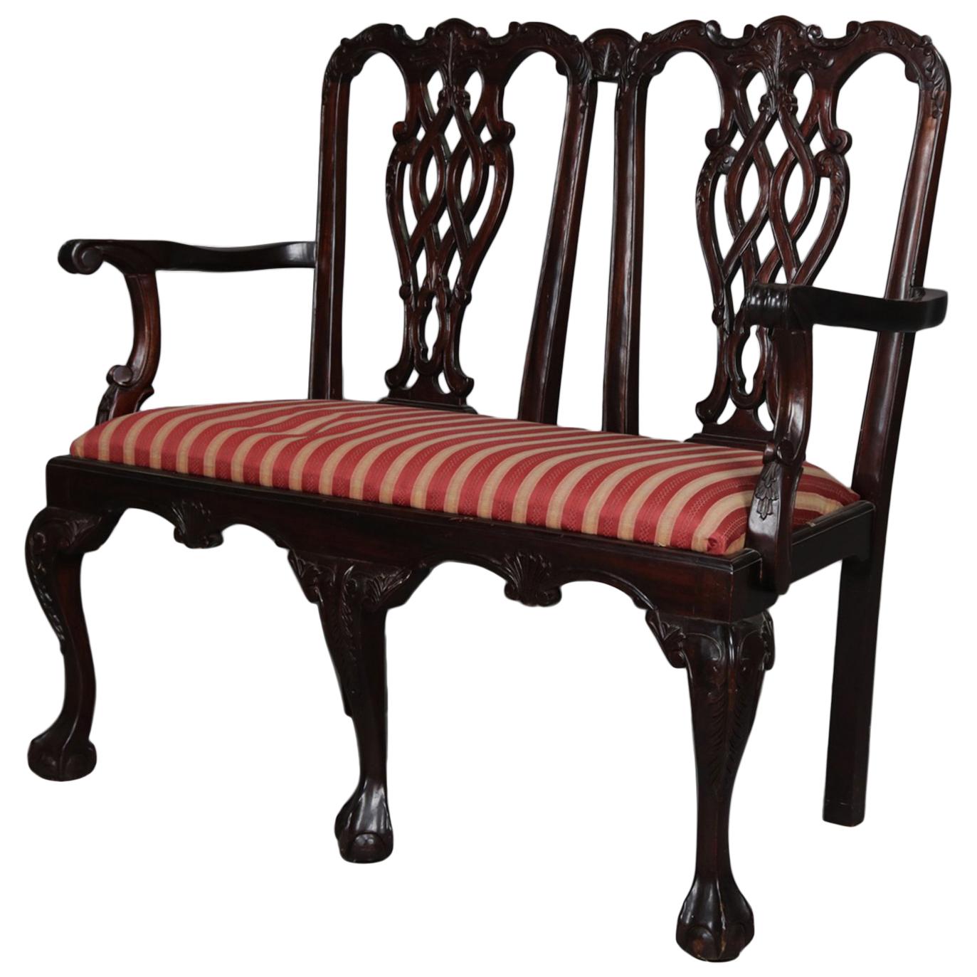 Chippendale Style Carved Mahogany Upholstered Double Chair Settee, 20th Century