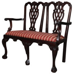 Chippendale Style Carved Mahogany Upholstered Double Chair Settee, 20th Century