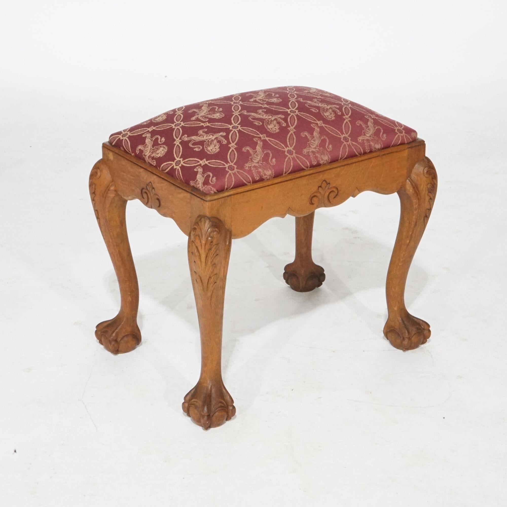 Chippendale Style Carved Oak Claw & Ball Foot Upholstered Bench 20th Century For Sale 1