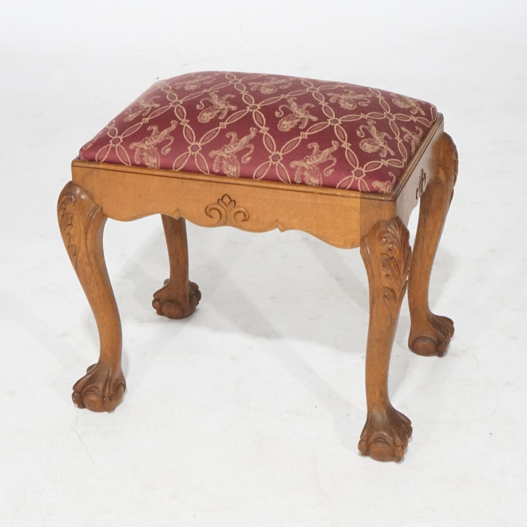 Chippendale Style Carved Oak Claw & Ball Foot Upholstered Bench 20th Century For Sale 2