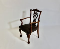 Chippendale Style Carved Walnut Chocolate Brown Leather Armchair circa 1920