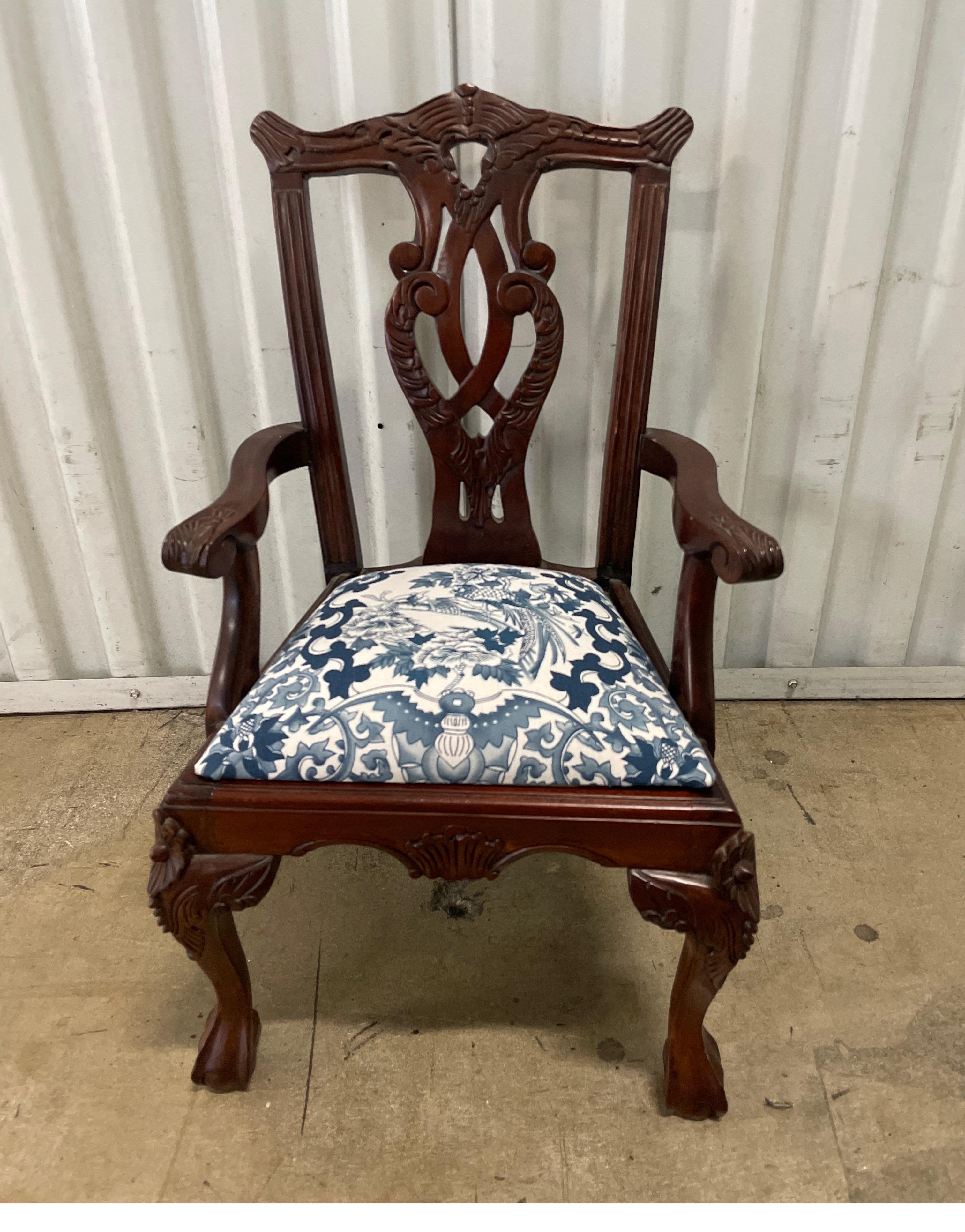 Miniature Chinese Chippendale style child's chair with Ralph Lauren fabric seat cushion.