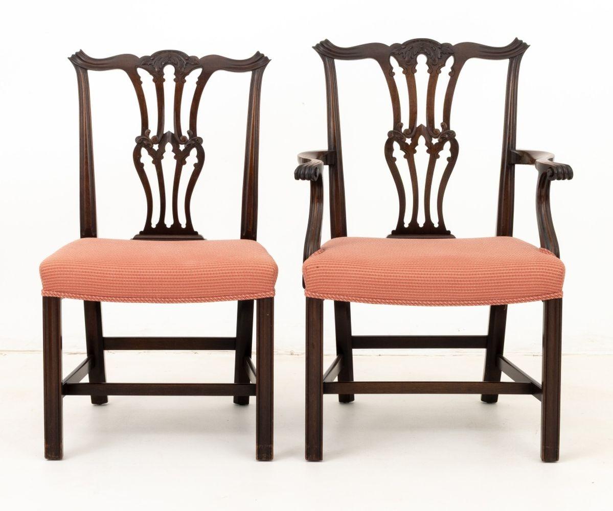 Set of Eight Chippendale Style Dining Chairs, two armchairs and six side chairs, each with carved pierced back and upholstered seat. Armchairs: 38.25