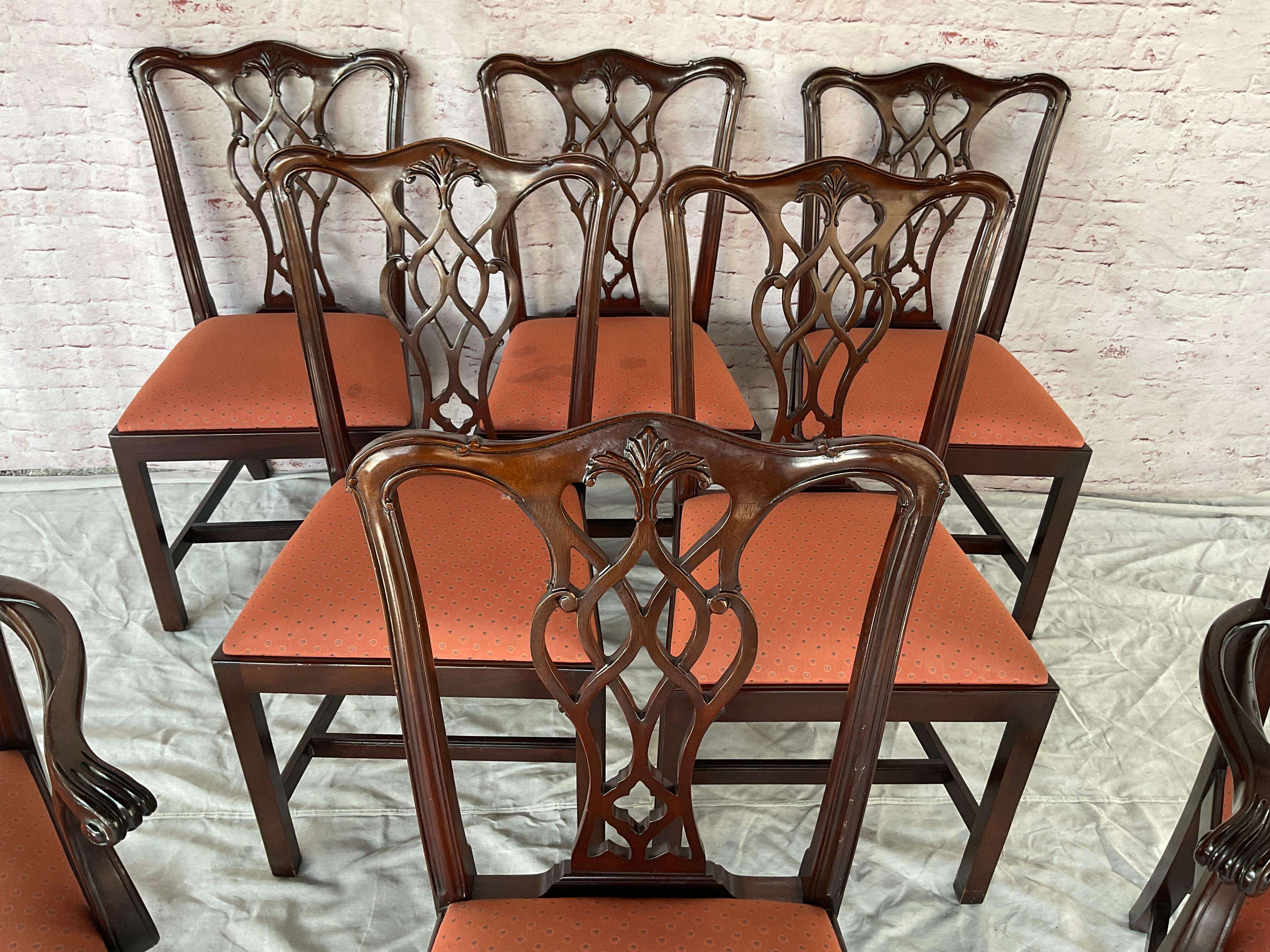 Textile Chippendale Style Dining Chairs, Set of Eight For Sale
