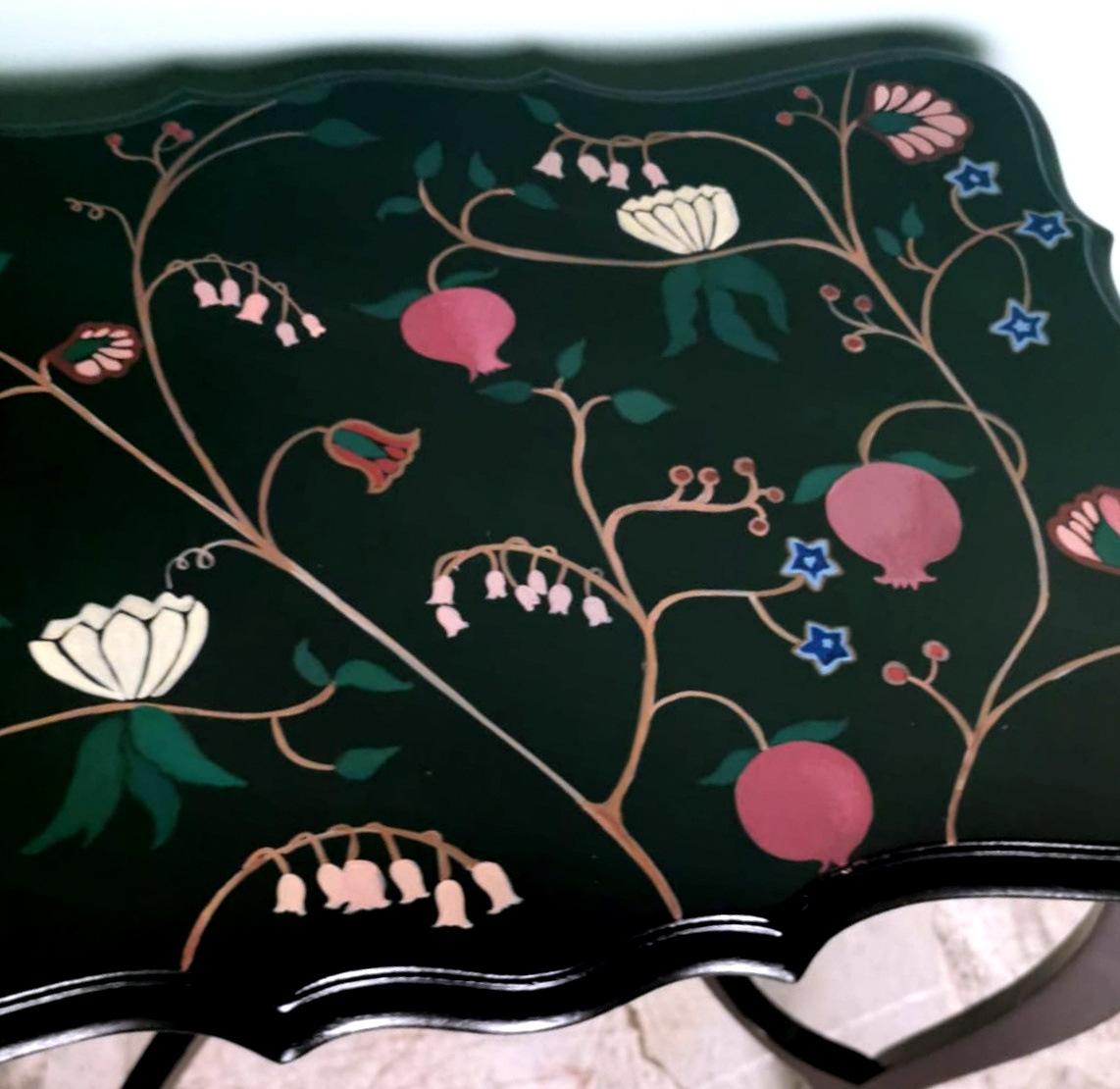 Chippendale Style English Ebonized Wood Tea Table With Painted Top For Sale 4