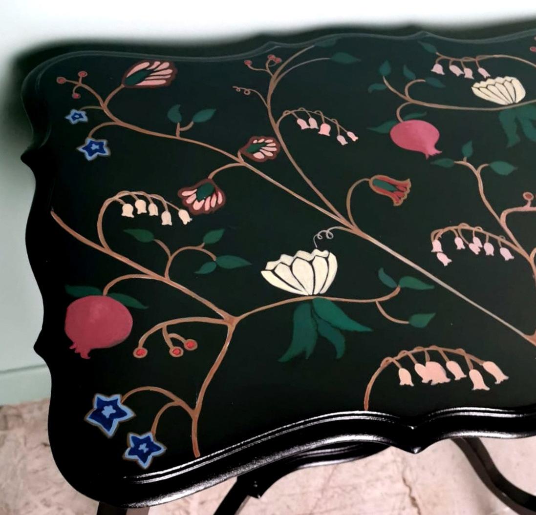Chippendale Style English Ebonized Wood Tea Table With Painted Top For Sale 5