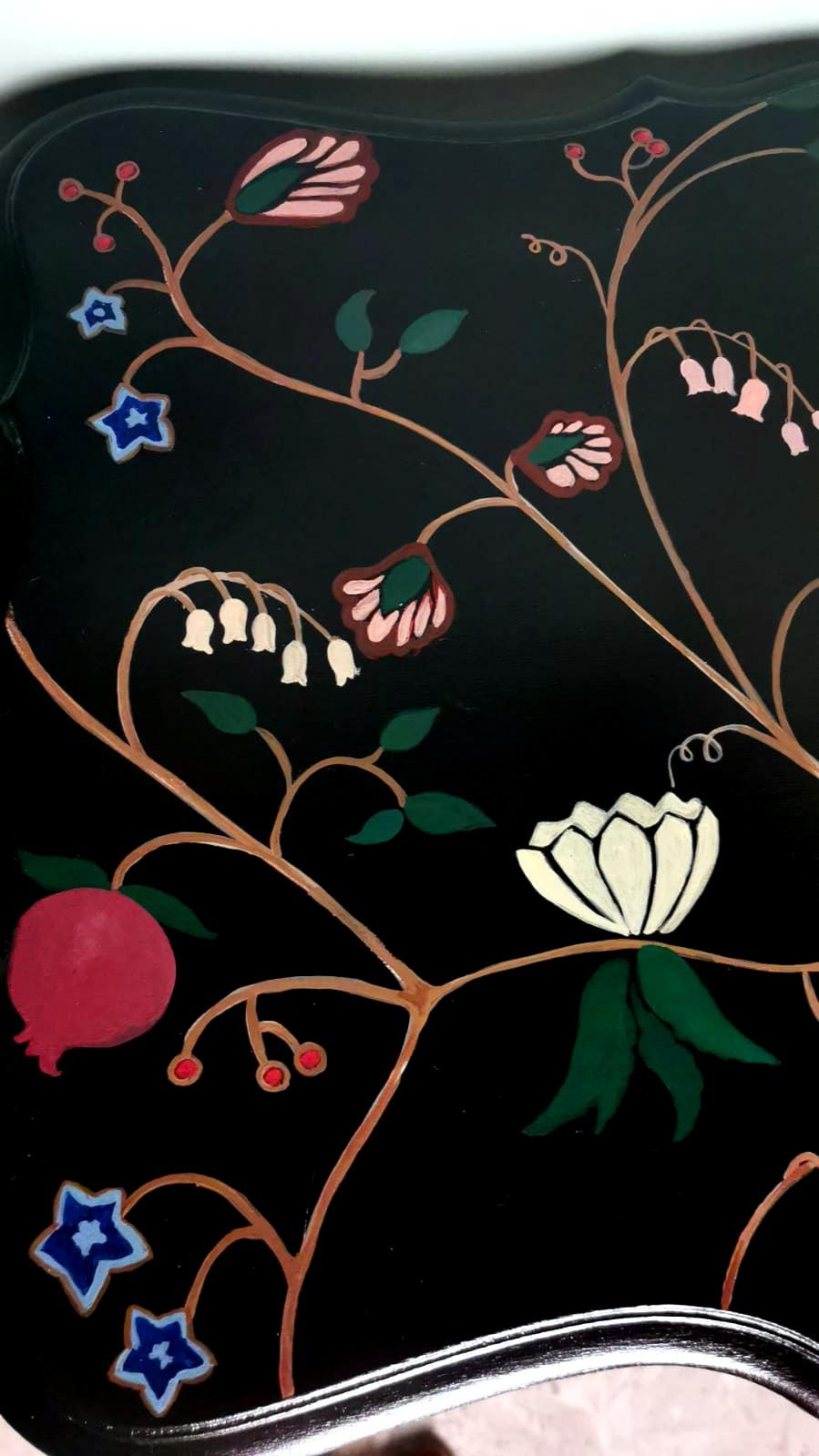 Chippendale Style English Ebonized Wood Tea Table With Painted Top For Sale 7