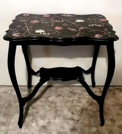 Chippendale Style English Ebonized Wood Tea Table With Painted Top