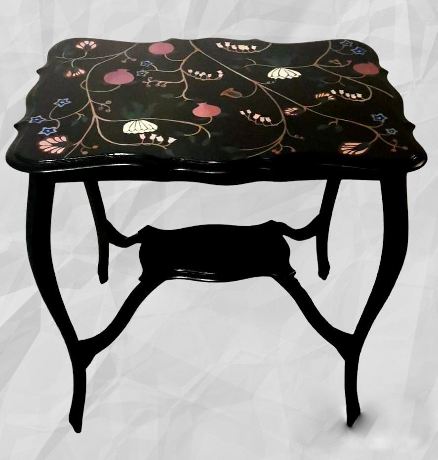 British Chippendale Style English Ebonized Wood Tea Table With Painted Top For Sale