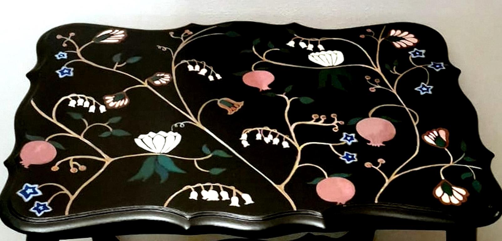 Chippendale Style English Ebonized Wood Tea Table With Painted Top For Sale 2