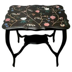 Chippendale Style English Ebonized Wood Tea Table With Painted Top