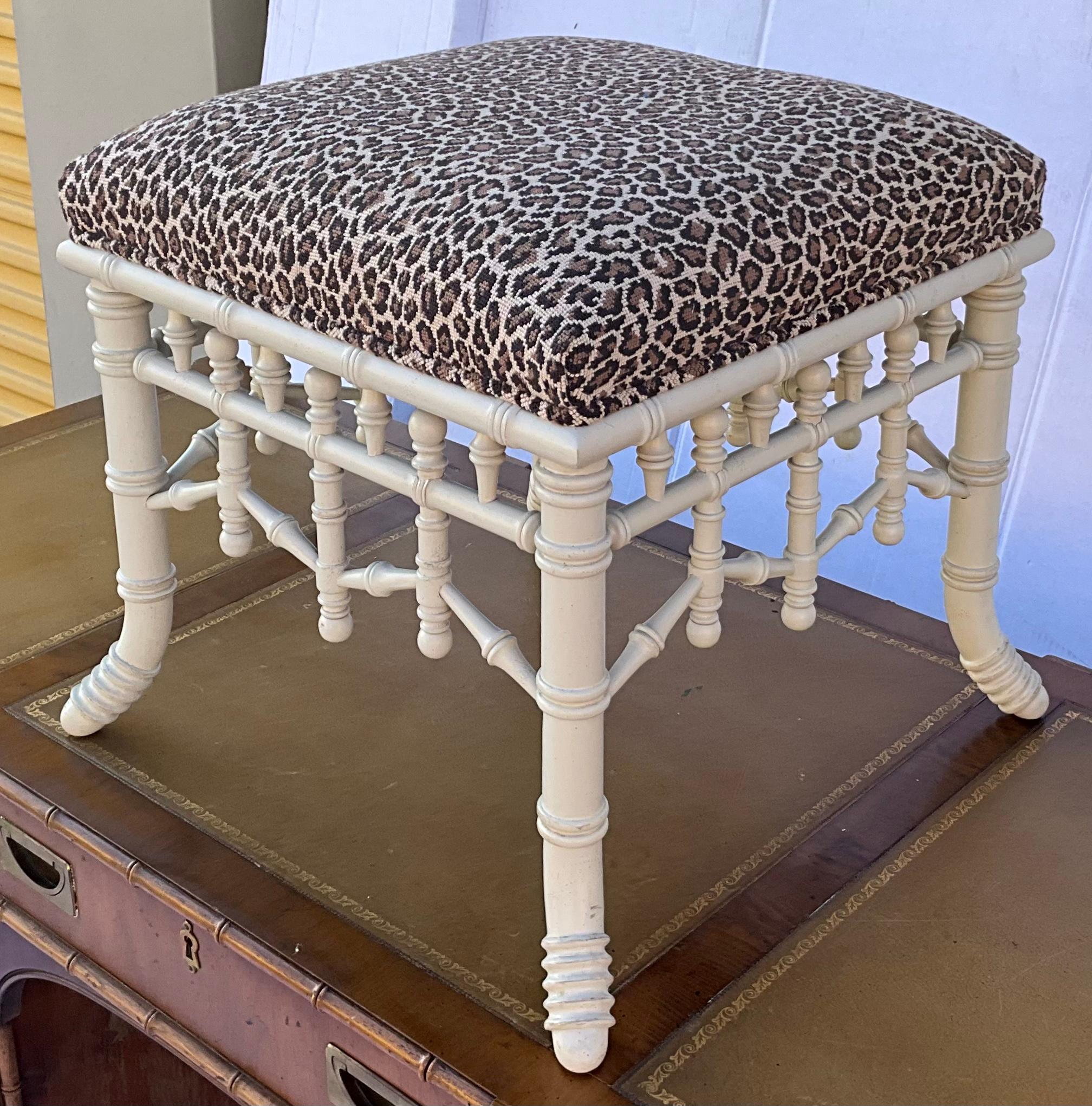 Chippendale Style Faux Bamboo Stool / Ottoman in Leopard Needlepoint 2