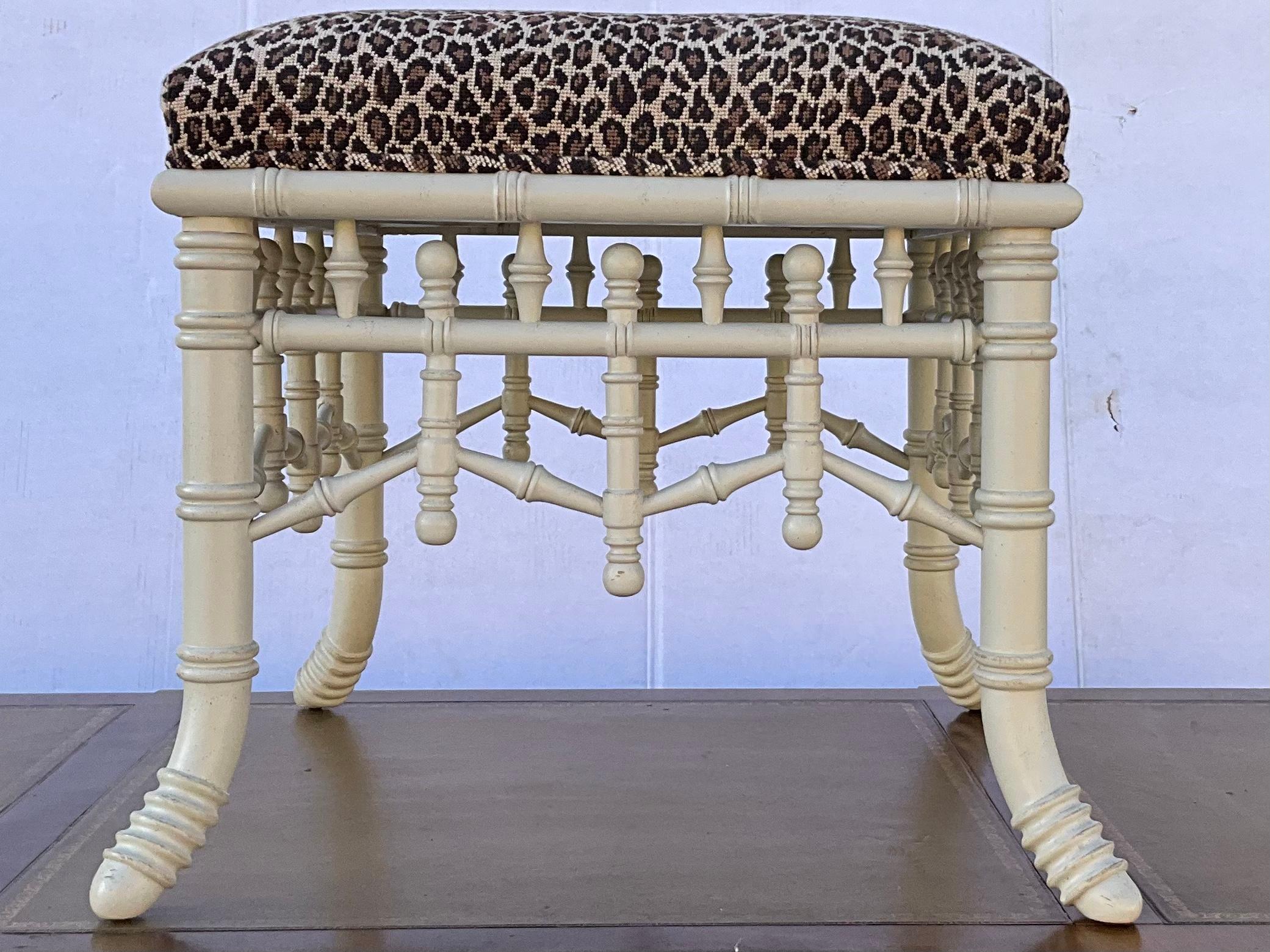 Chippendale Style Faux Bamboo Stool / Ottoman in Leopard Needlepoint 3