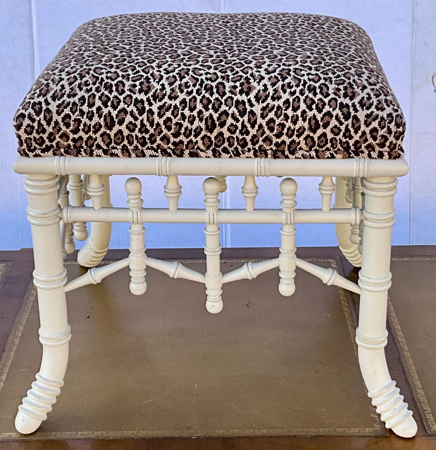 Chippendale Style Faux Bamboo Stool / Ottoman in Leopard Needlepoint 4
