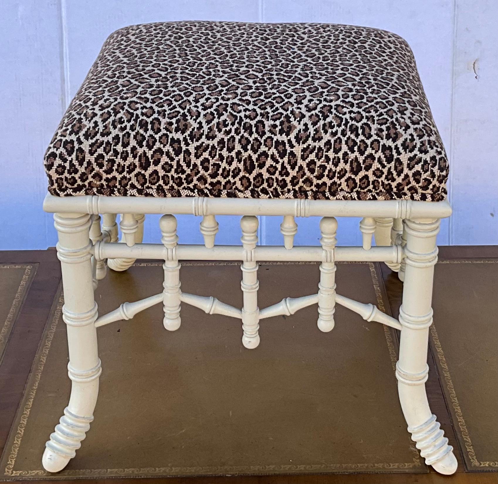 Chippendale Style Faux Bamboo Stool / Ottoman in Leopard Needlepoint 5