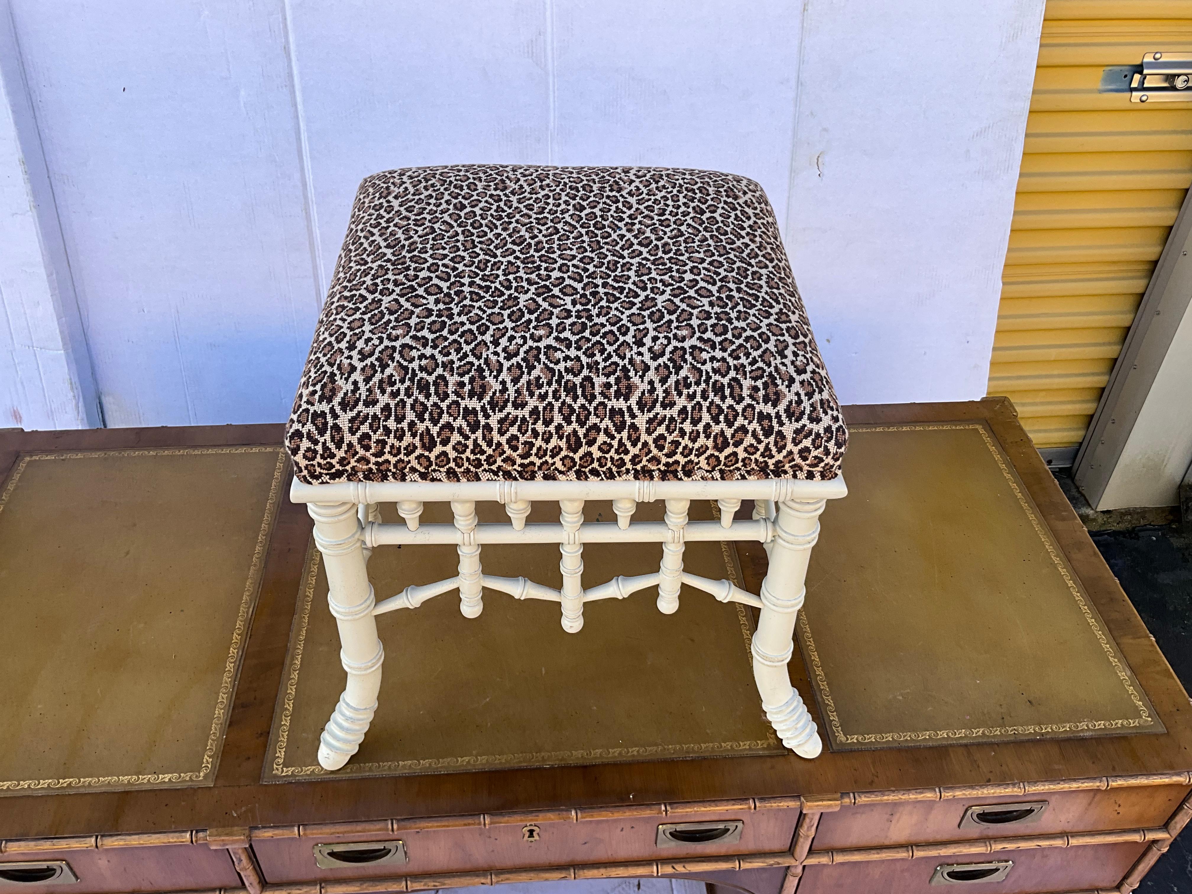 Chippendale Style Faux Bamboo Stool / Ottoman in Leopard Needlepoint 6