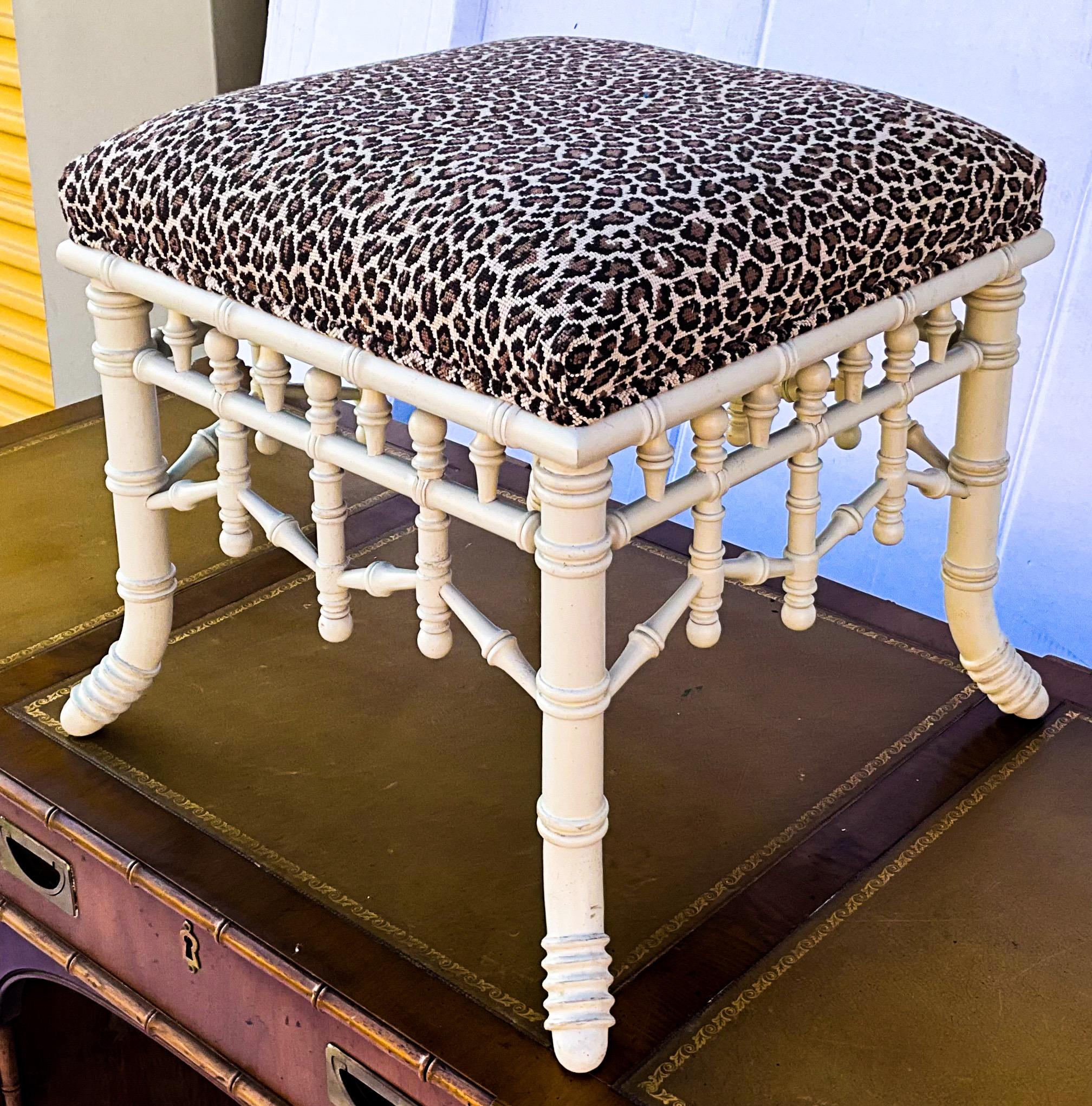 Aesthetic Movement Chippendale Style Faux Bamboo Stool / Ottoman in Leopard Needlepoint