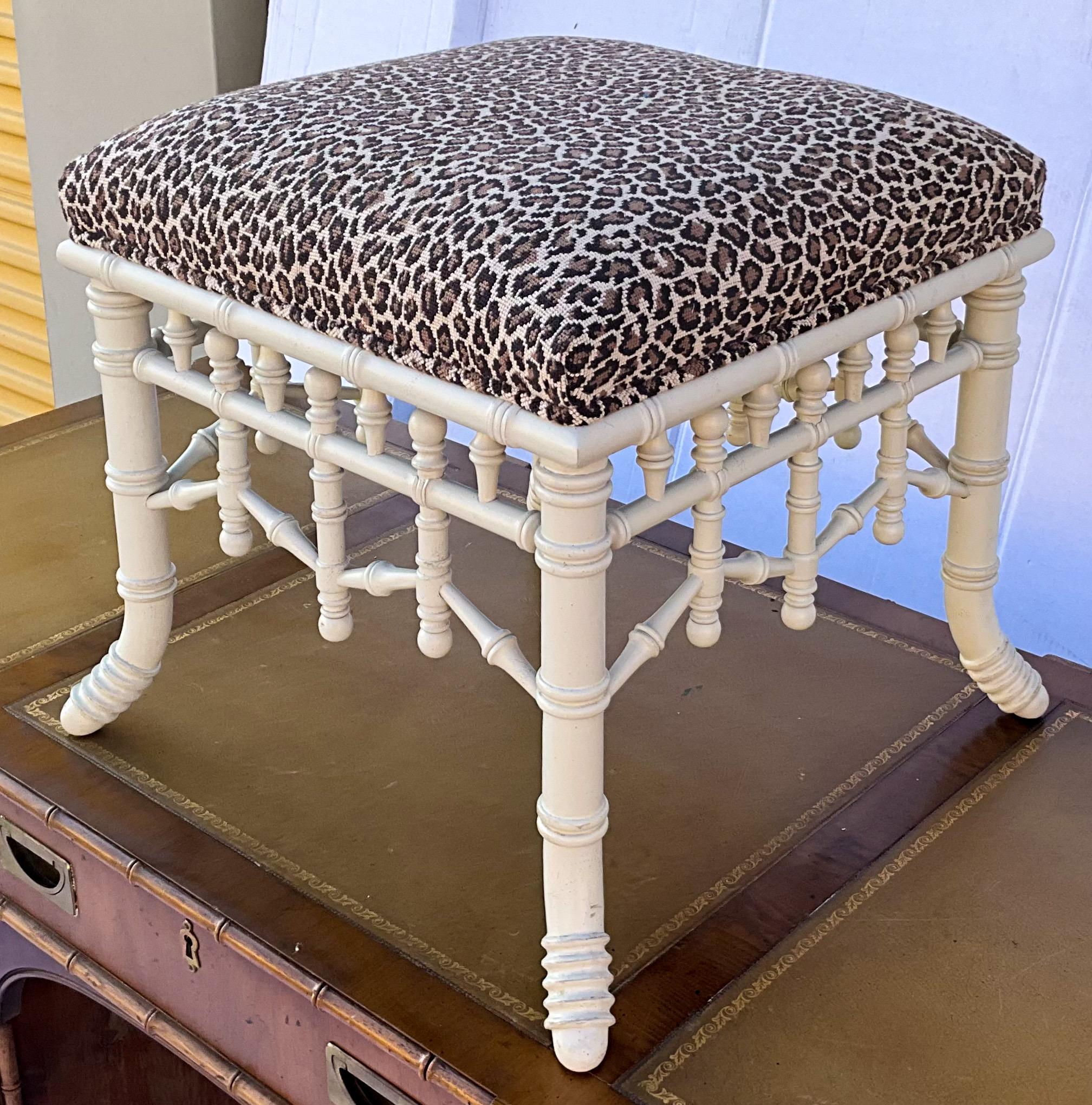 American Chippendale Style Faux Bamboo Stool / Ottoman in Leopard Needlepoint
