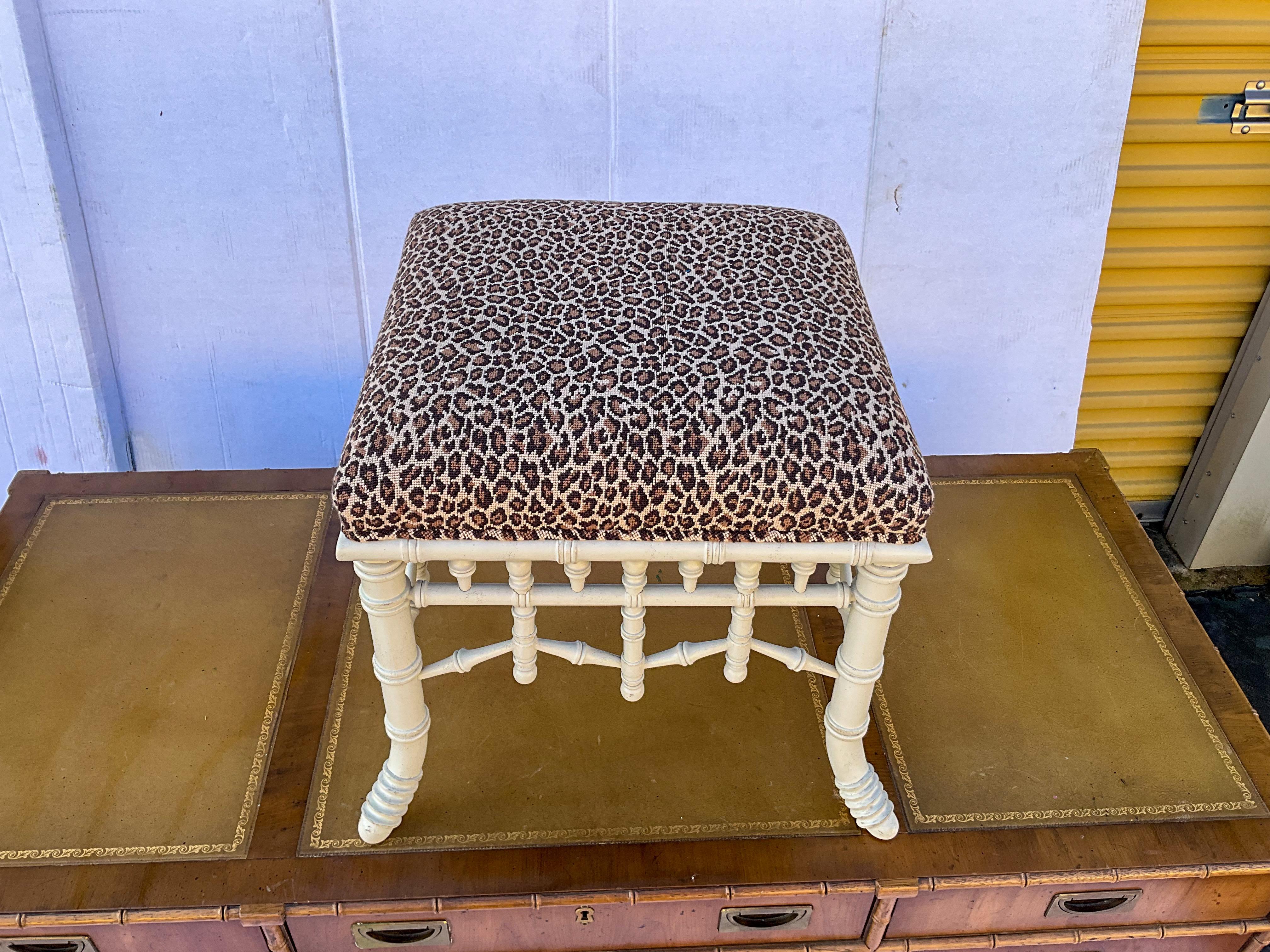 Chippendale Style Faux Bamboo Stool / Ottoman in Leopard Needlepoint In Good Condition In Kennesaw, GA