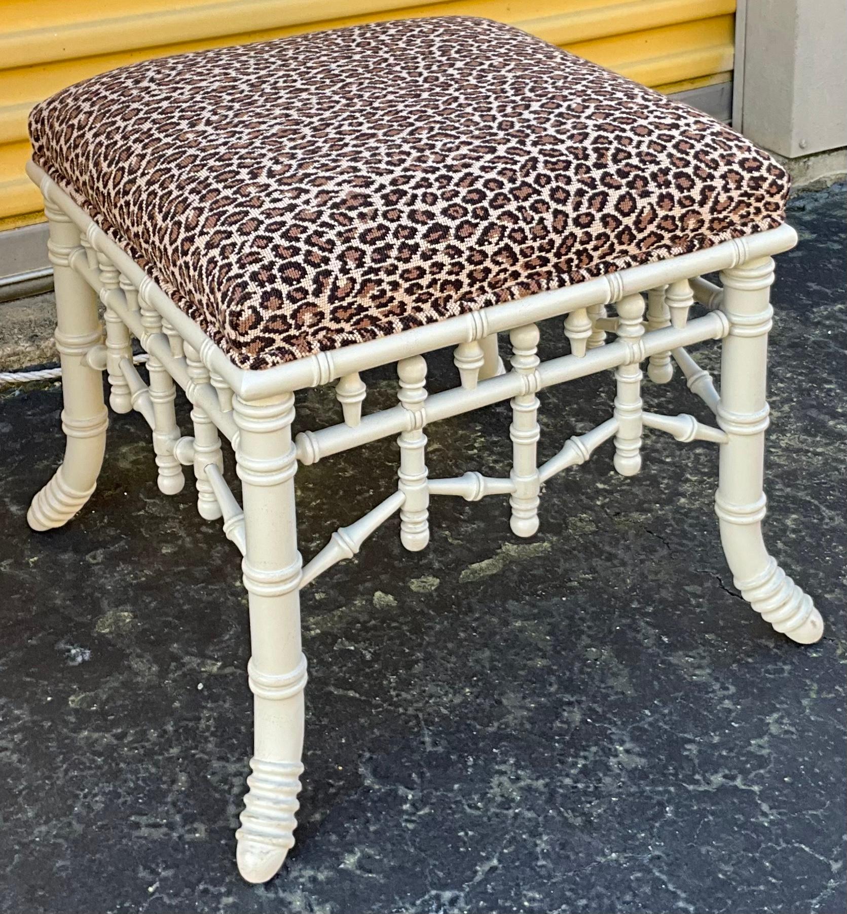 Upholstery Chippendale Style Faux Bamboo Stool / Ottoman in Leopard Needlepoint